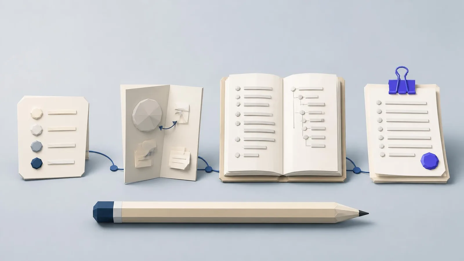 A flat-lay sequence of four analogue content production items, a topic list card, annotated brief sheet, draft outline notebook, and a binder-clipped reviewed page, arranged left to right on a light wood surface, illustrating a complete lean content workflow from idea to published post.