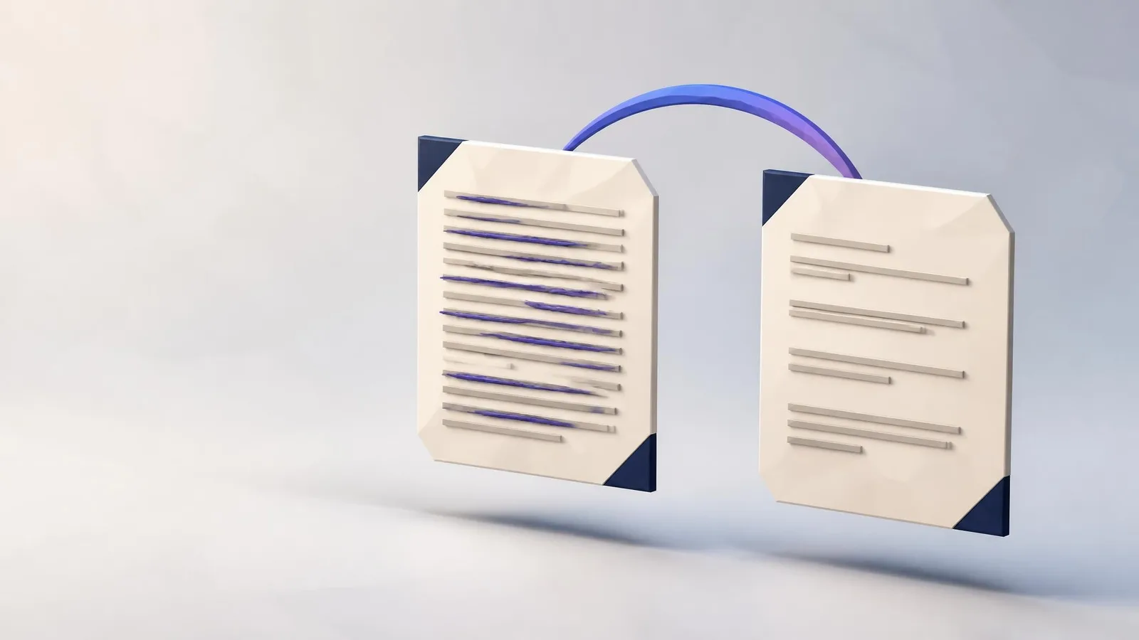 Two 3D illustrated floating document cards side by side, the left dense with text lines and the right trimmed and cleaner, connected by a violet-blue arc representing the before-and-after of cutting filler from a draft.