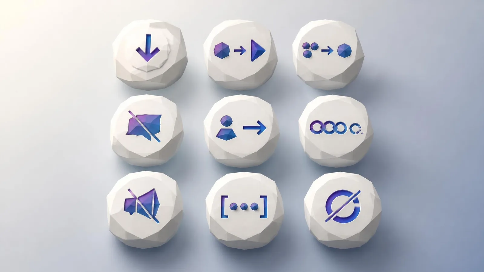 Nine faceted white 3D illustrated tiles arranged in a grid, each carrying a small violet-blue icon abstractly representing one of the 9 sentence filler patterns worth cutting from a draft.