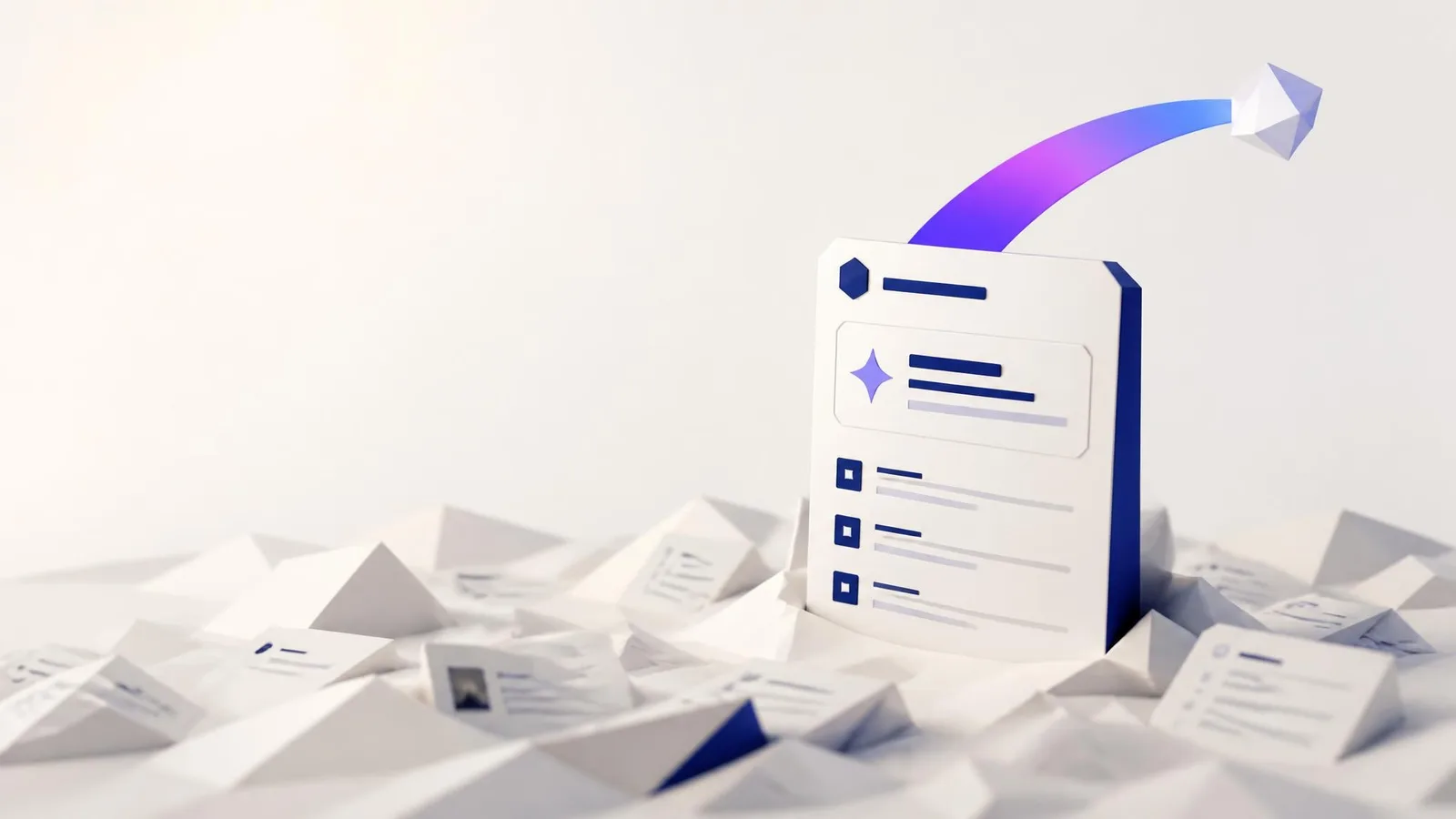 3D illustrated miniature scene showing a single prominent white document card rising above a field of smaller cluttered forms, with a violet-blue arc sweeping upward representing content that surfaces clearly in search and AI results.