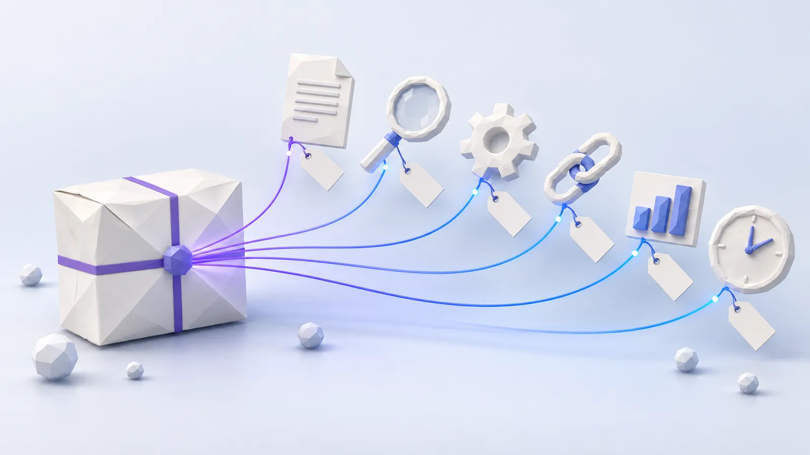 A clean 3D illustration of a single sealed package on the left transforming into six distinct labelled components arranged on the right, representing the six cost categories inside a typical SEO agency retainer and the value of asking an agency to break them apart before you sign.
