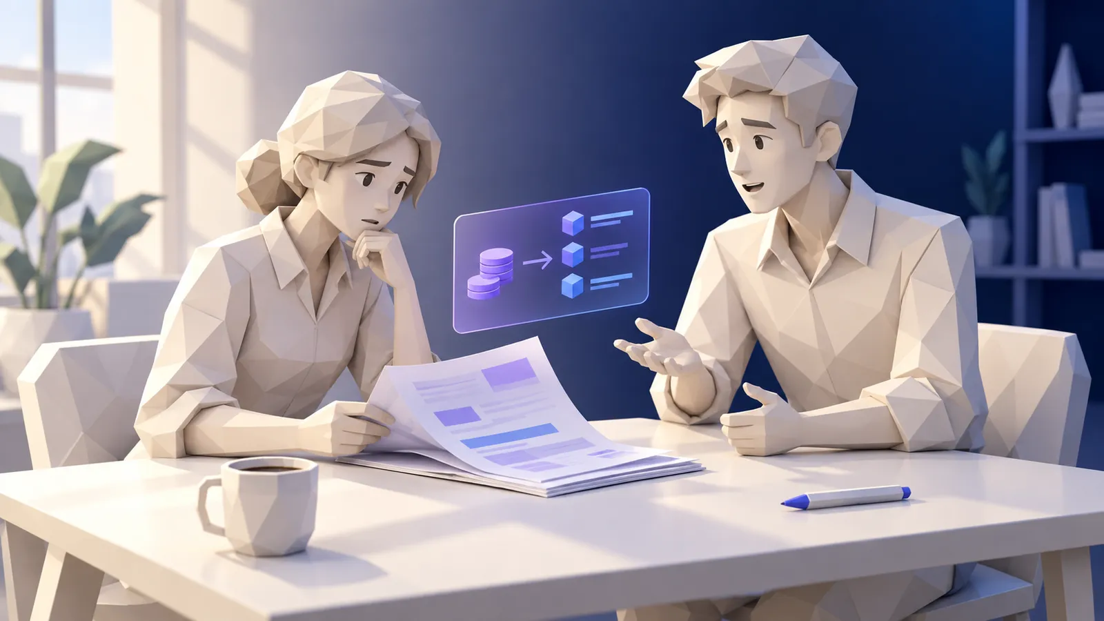 Two people seated across a table in a naturally lit office or cafe, one reviewing a printed document and one mid-explanation, representing the ordinary difficulty of translating a quoted price into a clear understanding of the work it actually covers.