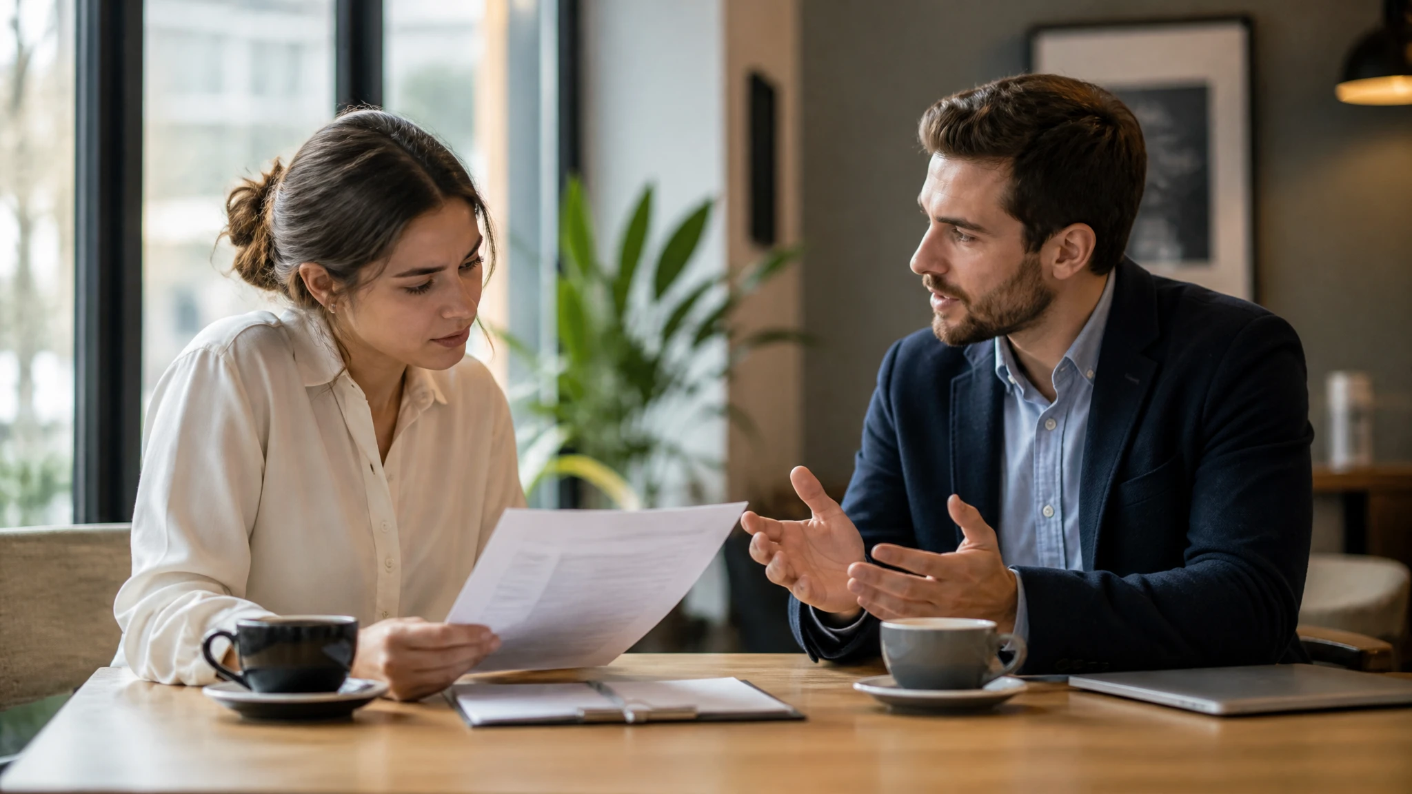 Two people seated across a table in a naturally lit office or cafe, one reviewing a printed document and one mid-explanation, representing the ordinary difficulty of translating a quoted price into a clear understanding of the work it actually covers.