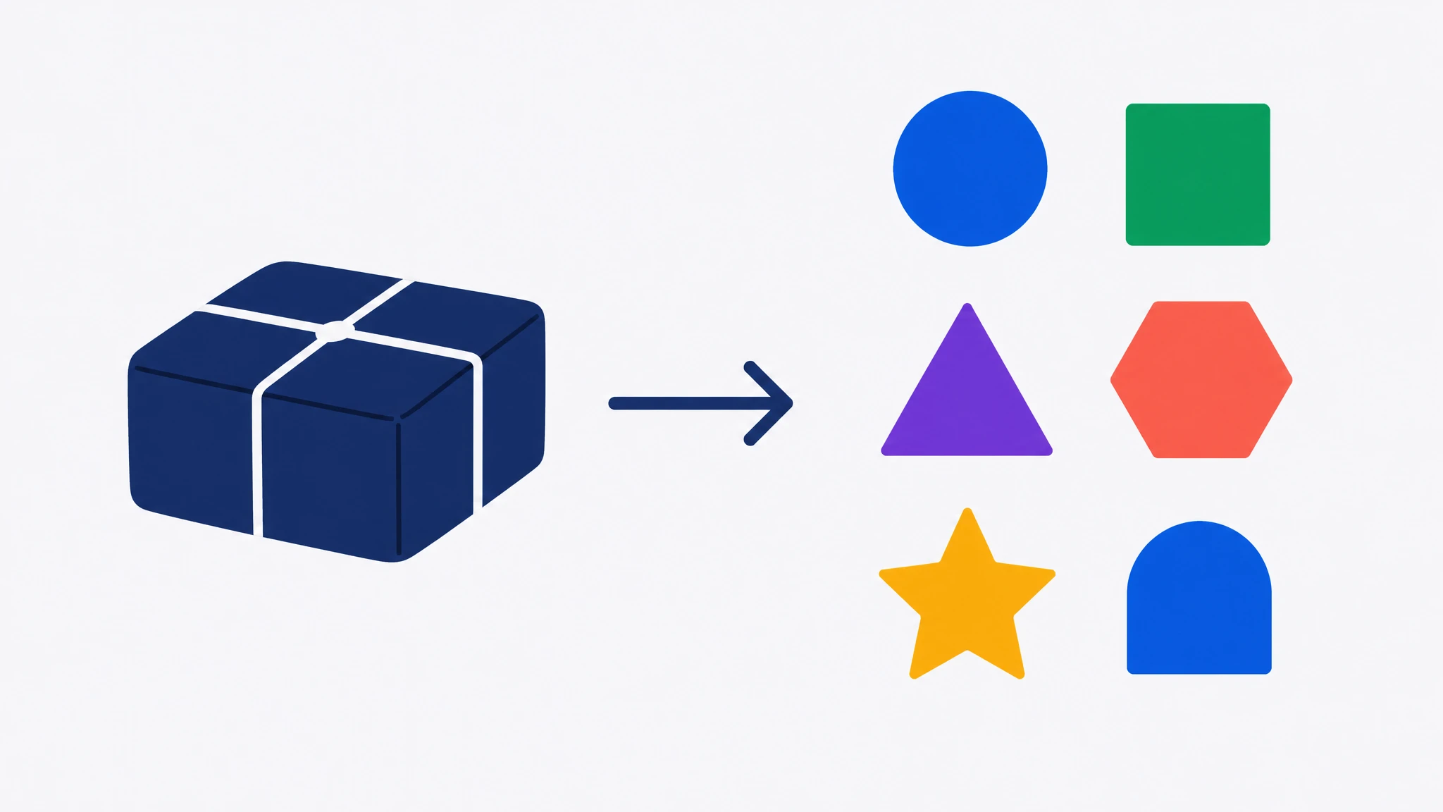 A clean flat illustration of a single sealed package on the left transforming into six distinct labelled components arranged on the right, representing the six cost categories inside a typical SEO agency retainer and the value of asking an agency to break them apart before you sign.