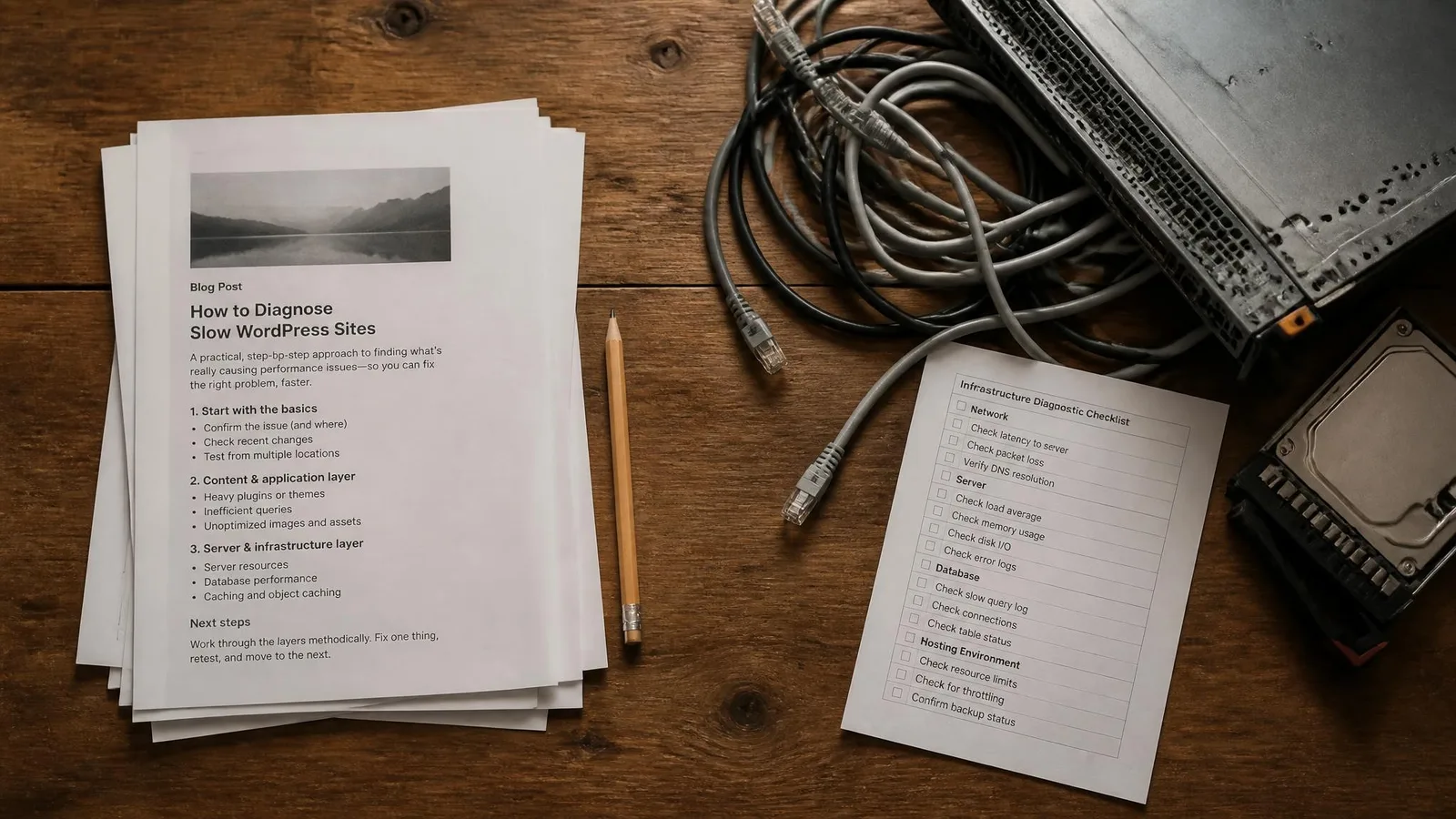 A flat-lay desk scene with printed blog content on one side and tangled ethernet cables and hardware on the other, visually separating the content problem from the SEO infrastructure problem.