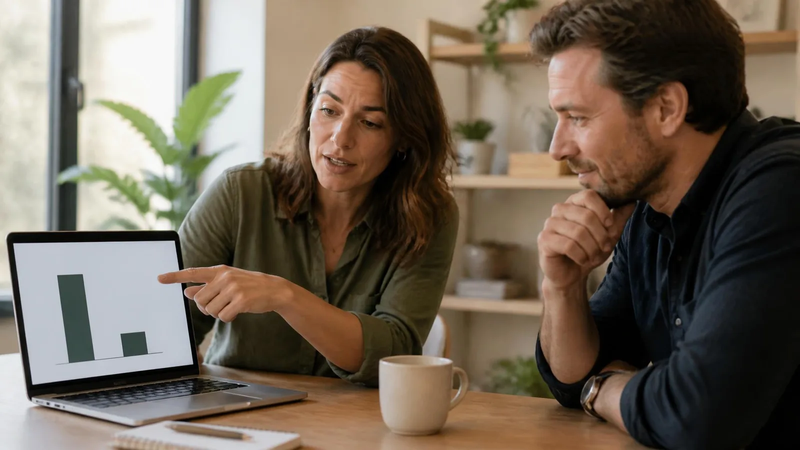 Two people at a small table looking at a laptop showing a bar chart with two different-height bars, one pointing at the screen in a candid, collaborative discussion about a ranking gap.