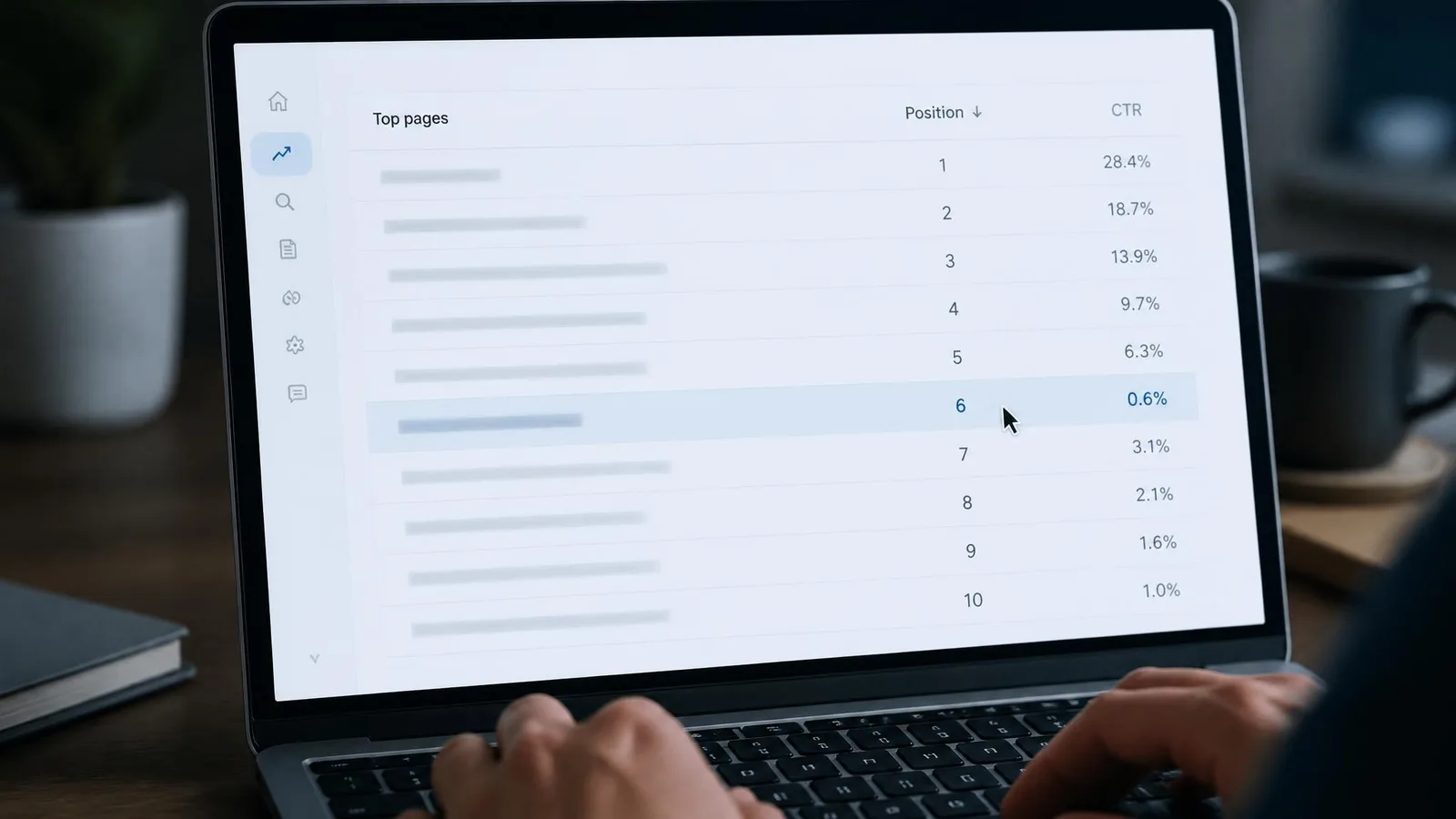 Close-up of a laptop screen showing a simplified search console analytics table with ranking positions and click-through rates, with one row highlighted and a hand resting on the keyboard.