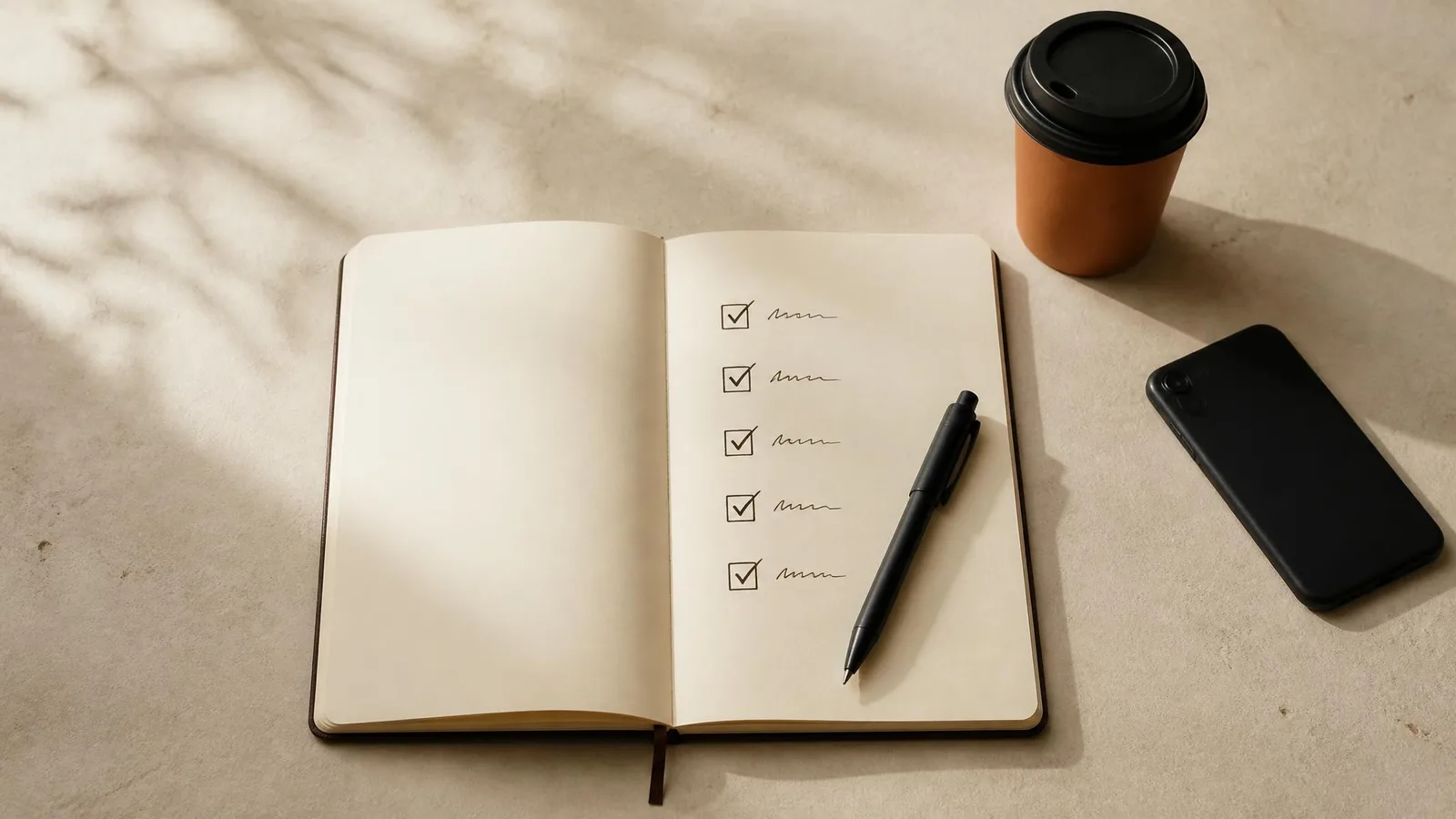 Top-down flat-lay of an open notebook with a hand-drawn 5-item checklist, a takeaway coffee cup, and a pen resting across the page on a warm neutral desk surface.
