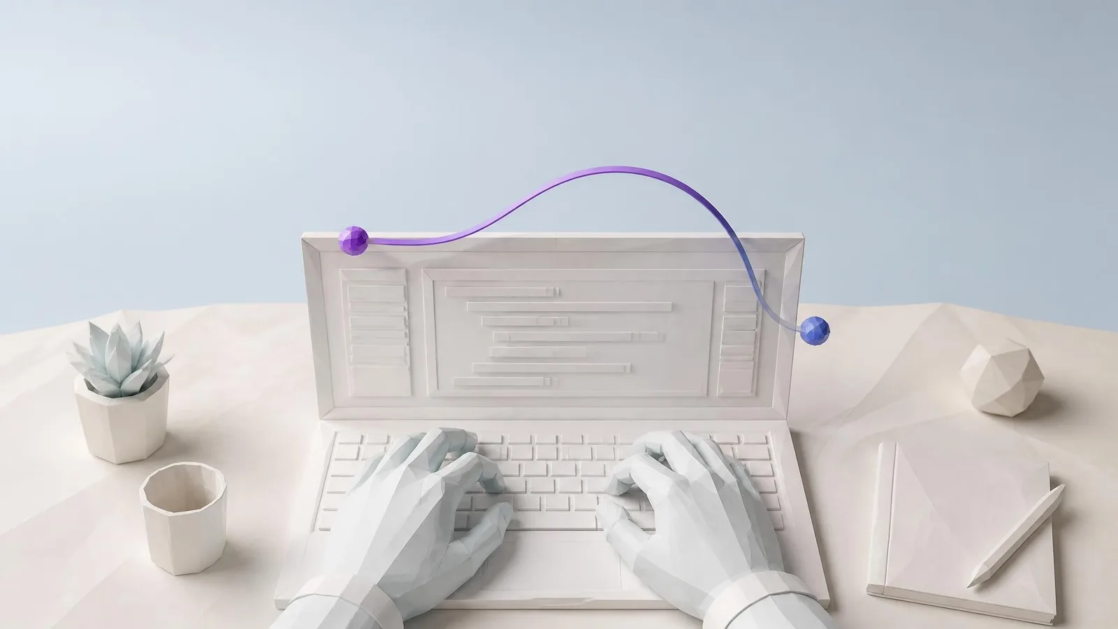 Close-up of hands typing on a laptop showing a blurred terminal or code editor screen, representing the technical work of making web content crawlable and indexable.