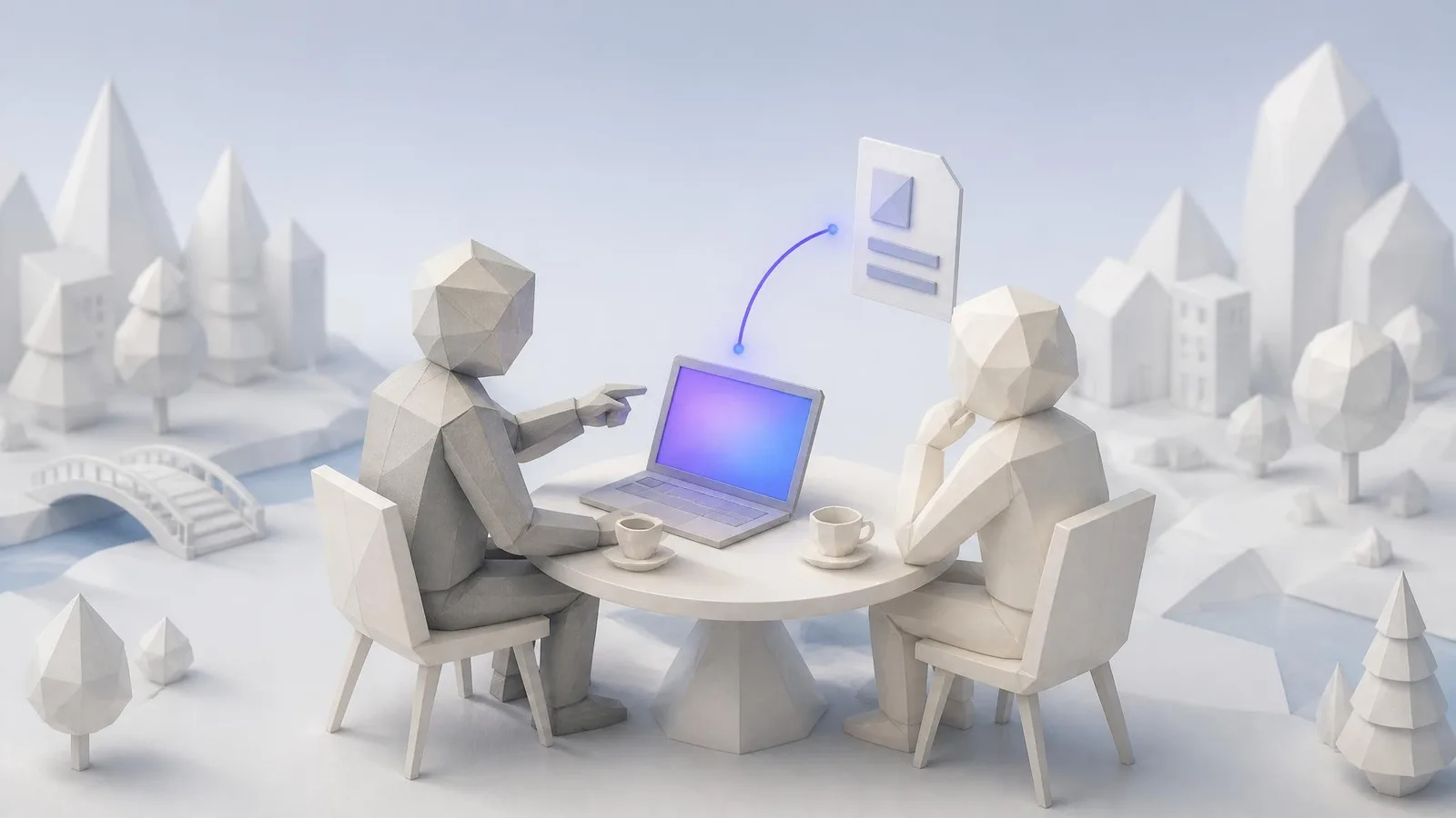 Two people collaborating over a laptop at a small table in a casual workspace, one pointing at the screen, suggesting the action of reviewing a content strategy and planning next steps.