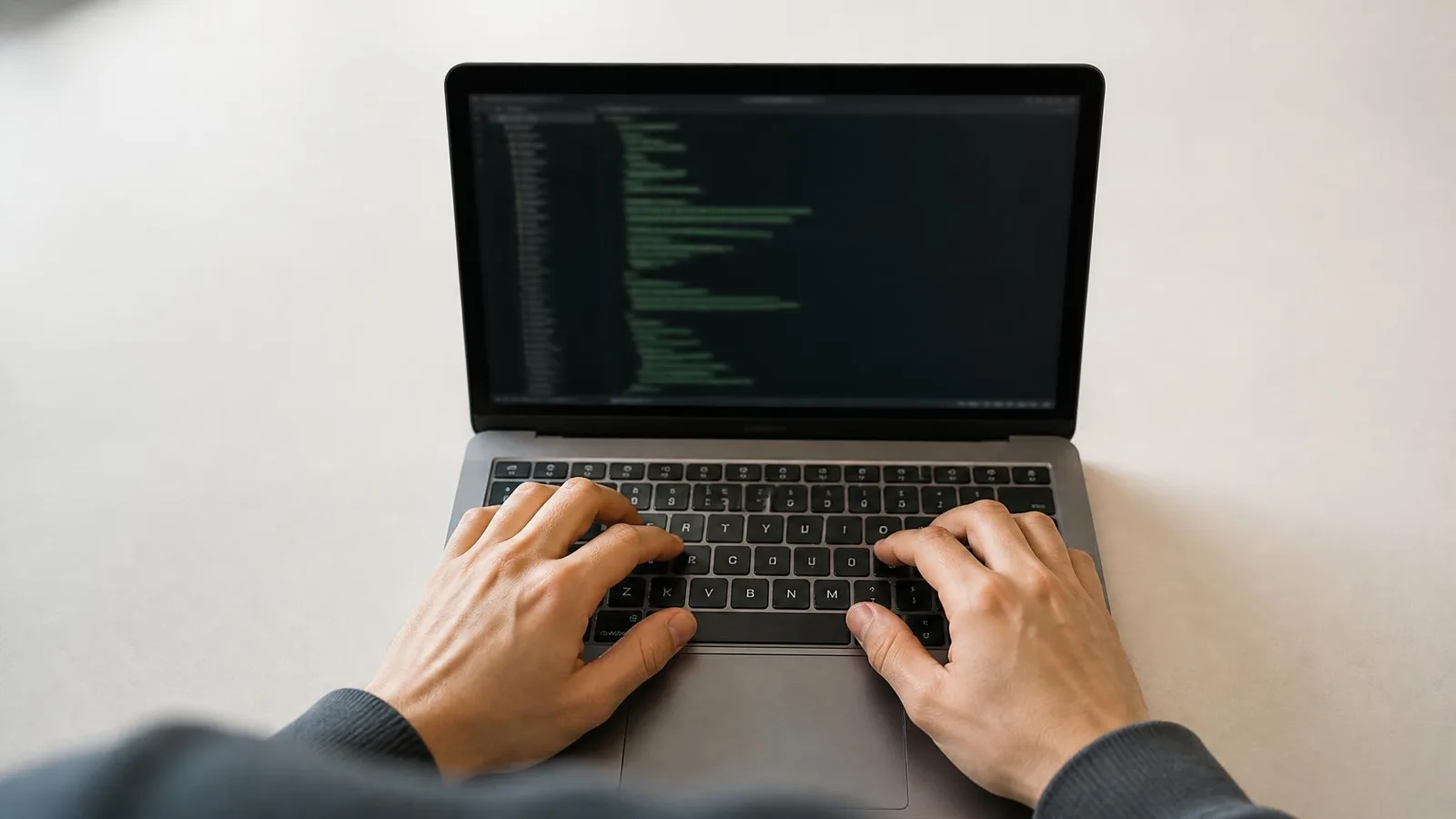 Close-up of hands typing on a laptop showing a blurred terminal or code editor screen, representing the technical work of making web content crawlable and indexable.