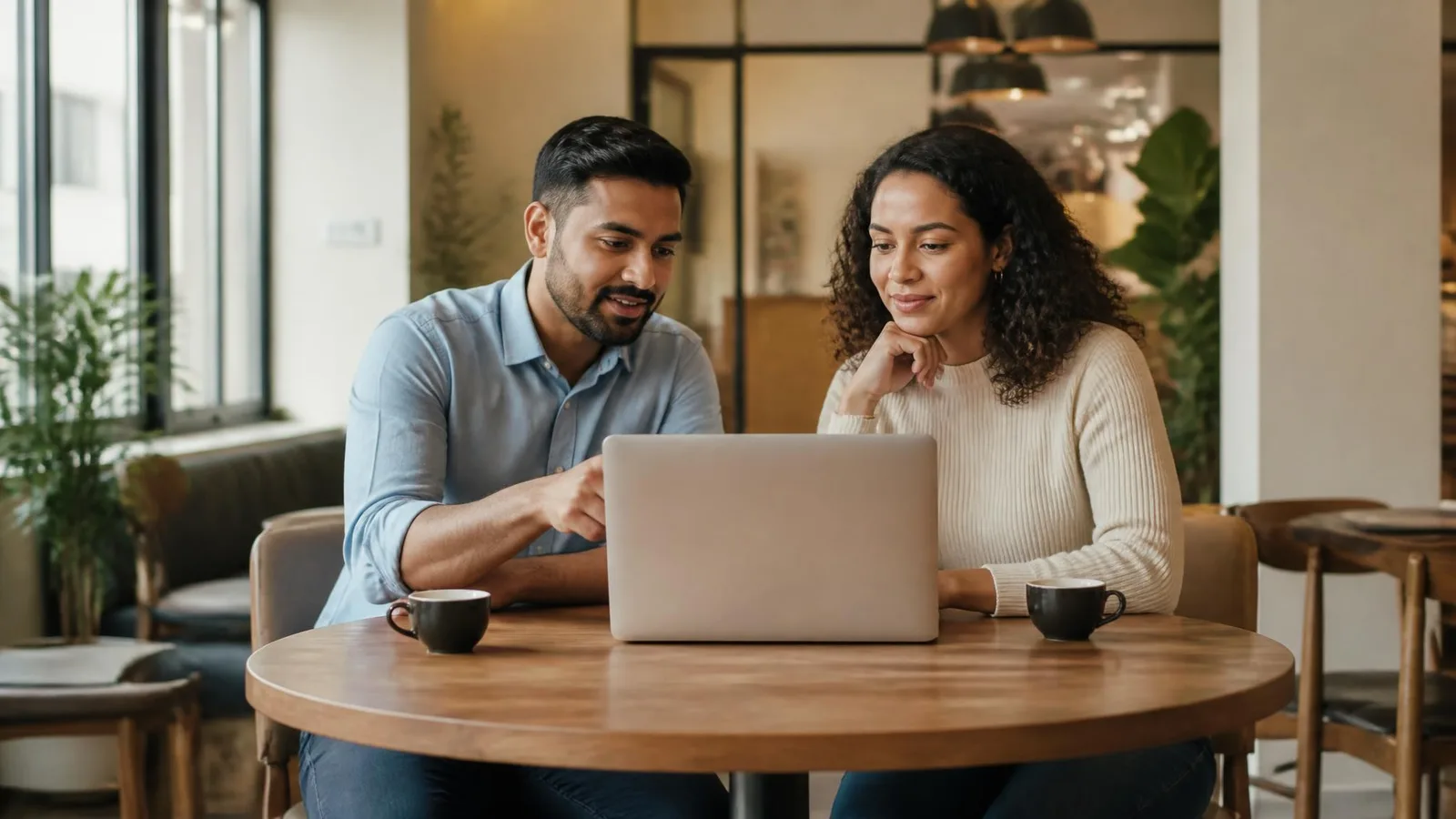 Two people collaborating over a laptop at a small table in a casual workspace, one pointing at the screen, suggesting the action of reviewing a content strategy and planning next steps.