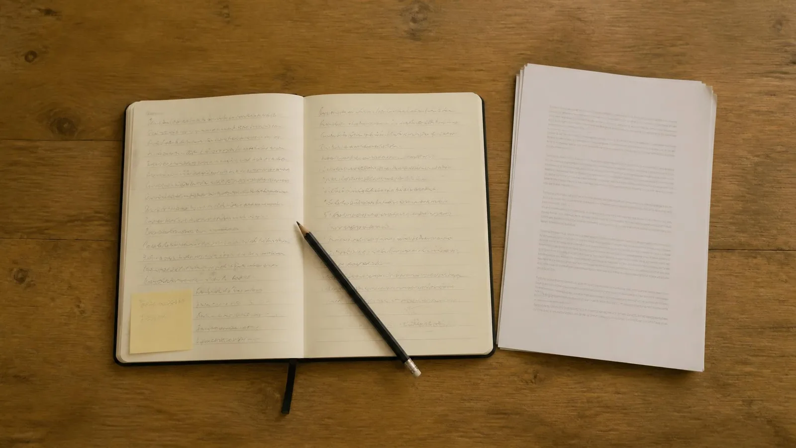 Flat-lay of an open notebook with handwritten notes beside a printed research document and a pencil, representing the practice of supporting content claims with transparent evidence.