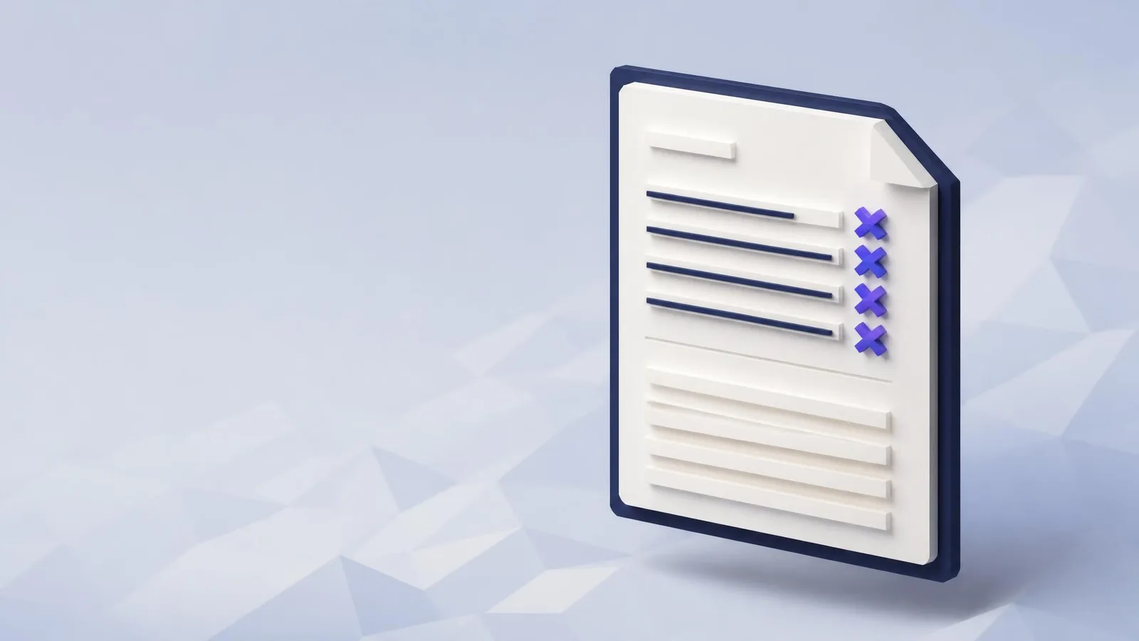 A 3D rendered illustration of a floating document card with some placeholder text lines marked for deletion with navy strikethrough marks and violet X icons, leaving a clean, uncluttered lower section, representing the editing out of throat-clearing filler phrases.