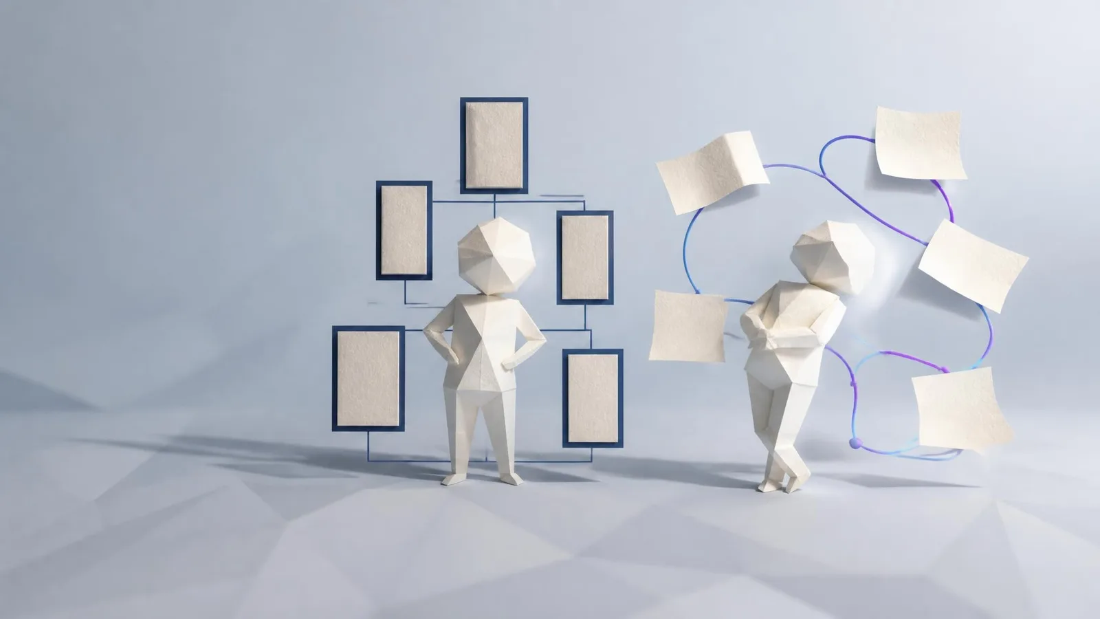 A 3D rendered illustration contrasting two small geometric figures: one rigid and surrounded by stiff formal document cards, the other relaxed with flowing violet connector lines, visually representing the difference between elevated formal register and natural conversational copy.