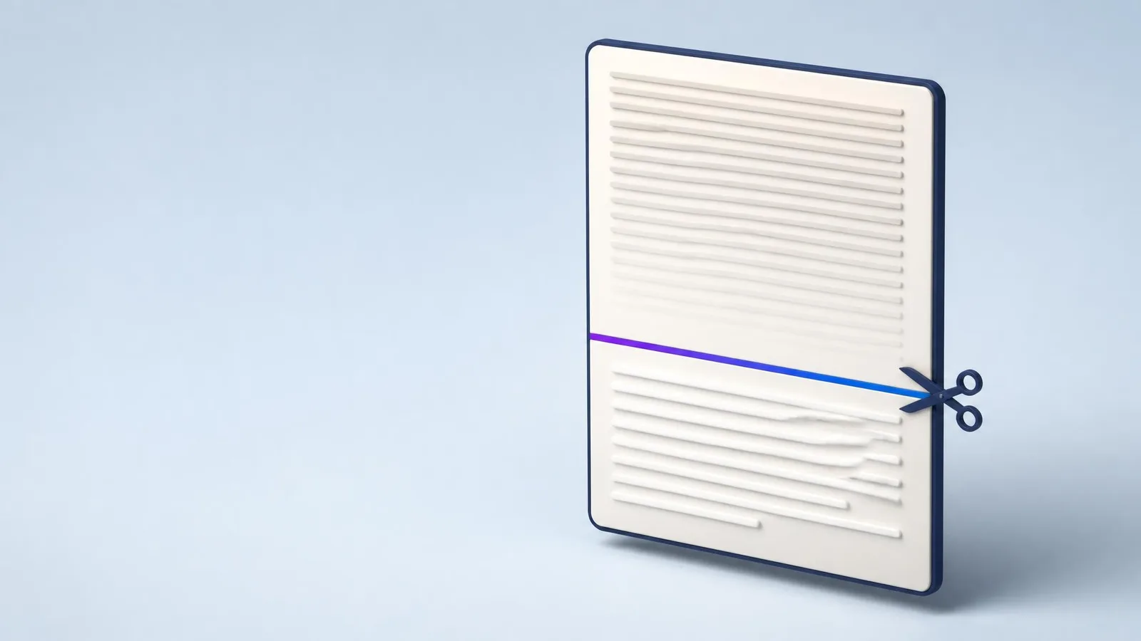 A 3D rendered illustration of a tall floating document card with dense placeholder text at the top fading away, and a vivid violet gradient line marking the editorial cut point below which the text becomes clean and open, with a small navy scissors icon at the cut line.