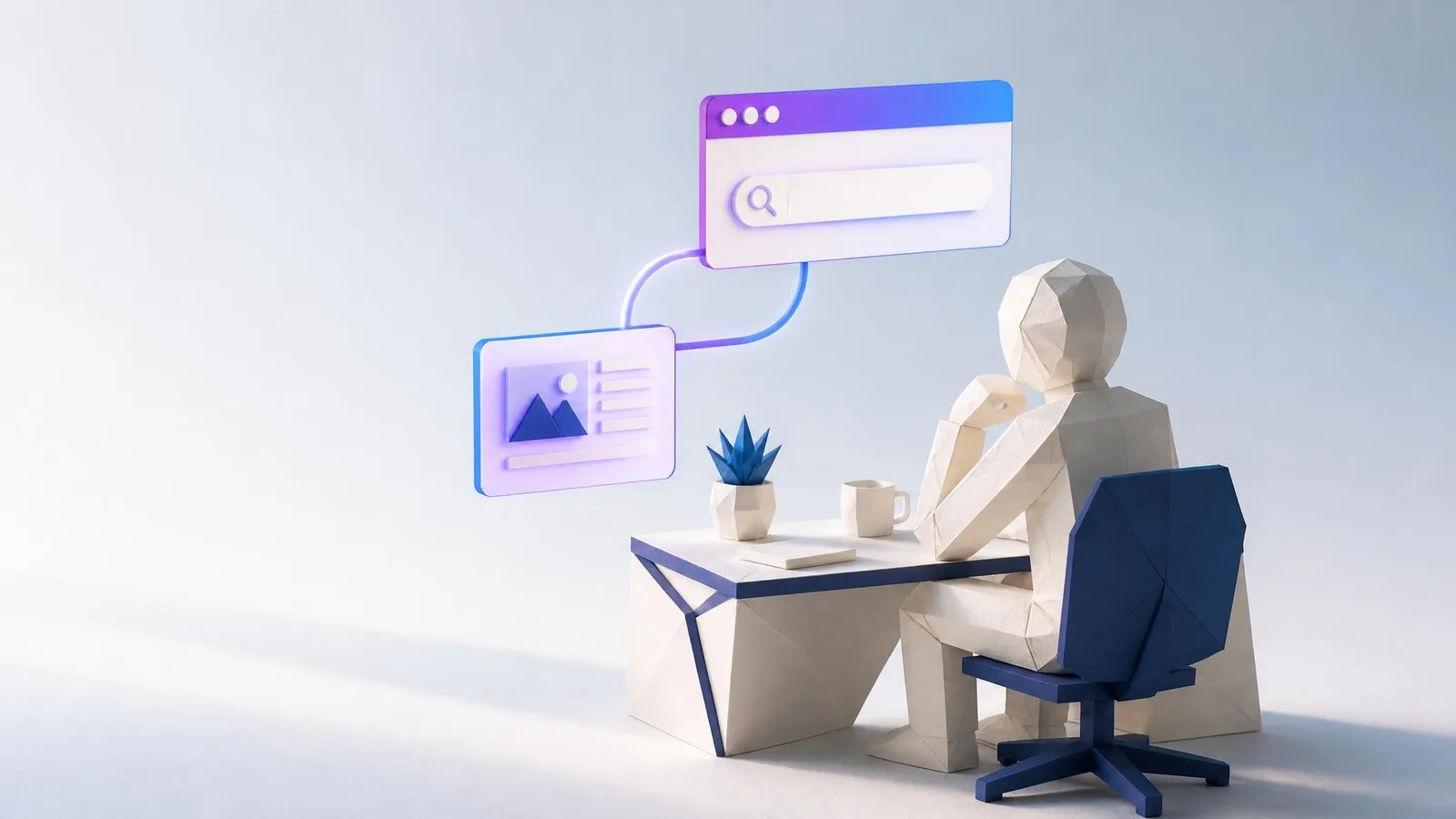 3D illustrated miniature scene of a geometric faceted figure seated at a white desk, viewing a floating browser search card connected by an indigo curved line to a blog post card, representing small business owners searching in plain English for their problems.