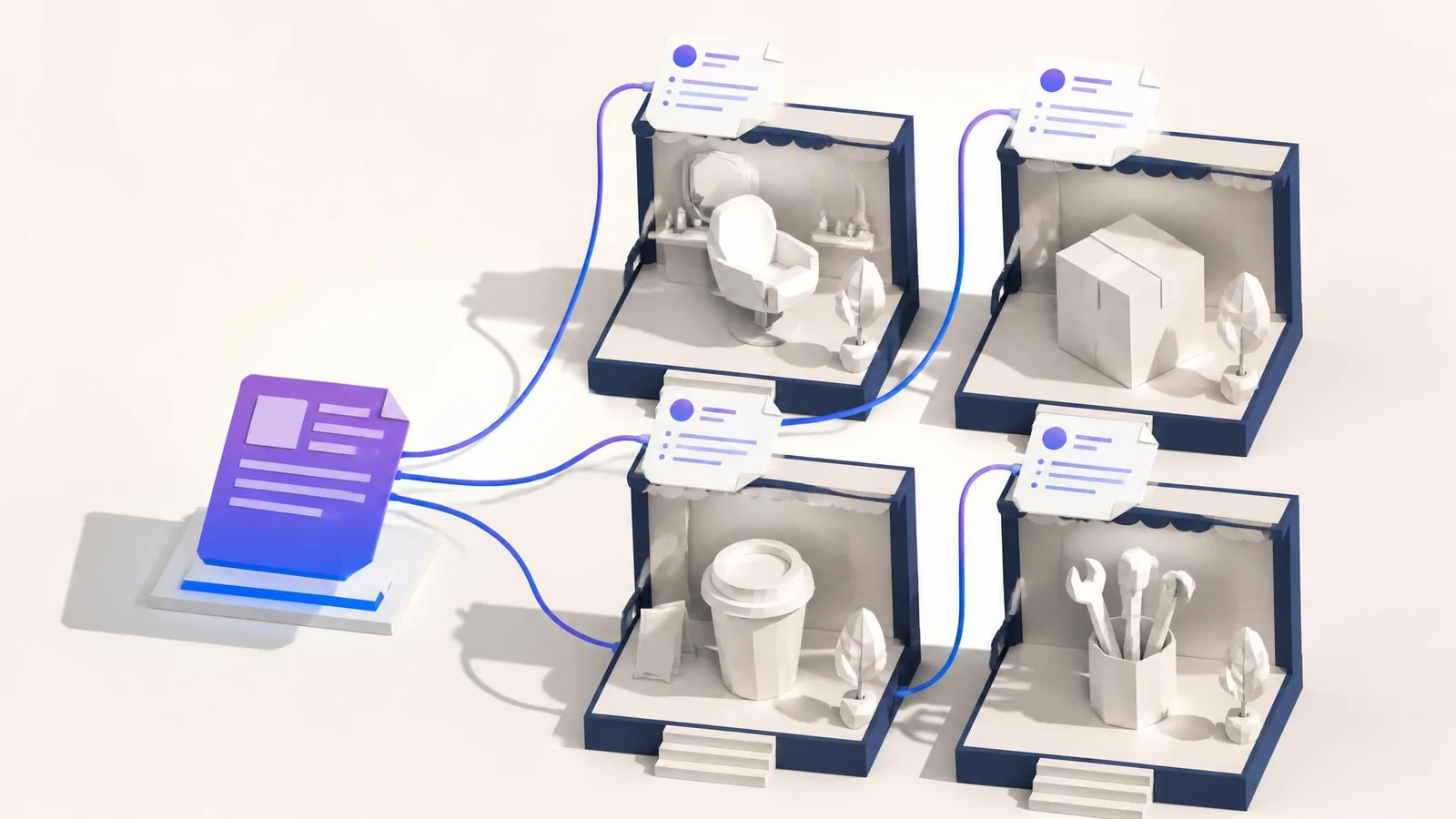 3D illustrated bird's-eye diorama of four miniature industry-specific market stalls, each with a floating document card connected by indigo curved lines to a central glowing blog post card, representing the value of writing use-case or industry-specific content.