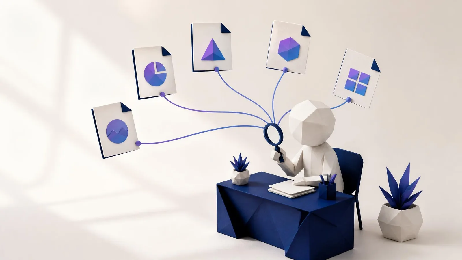 3D illustrated miniature scene of a geometric figure at a white desk holding a magnifying glass, with curved indigo lines connecting to floating document cards representing different content angles, symbolising the process of finding the right topic angle.