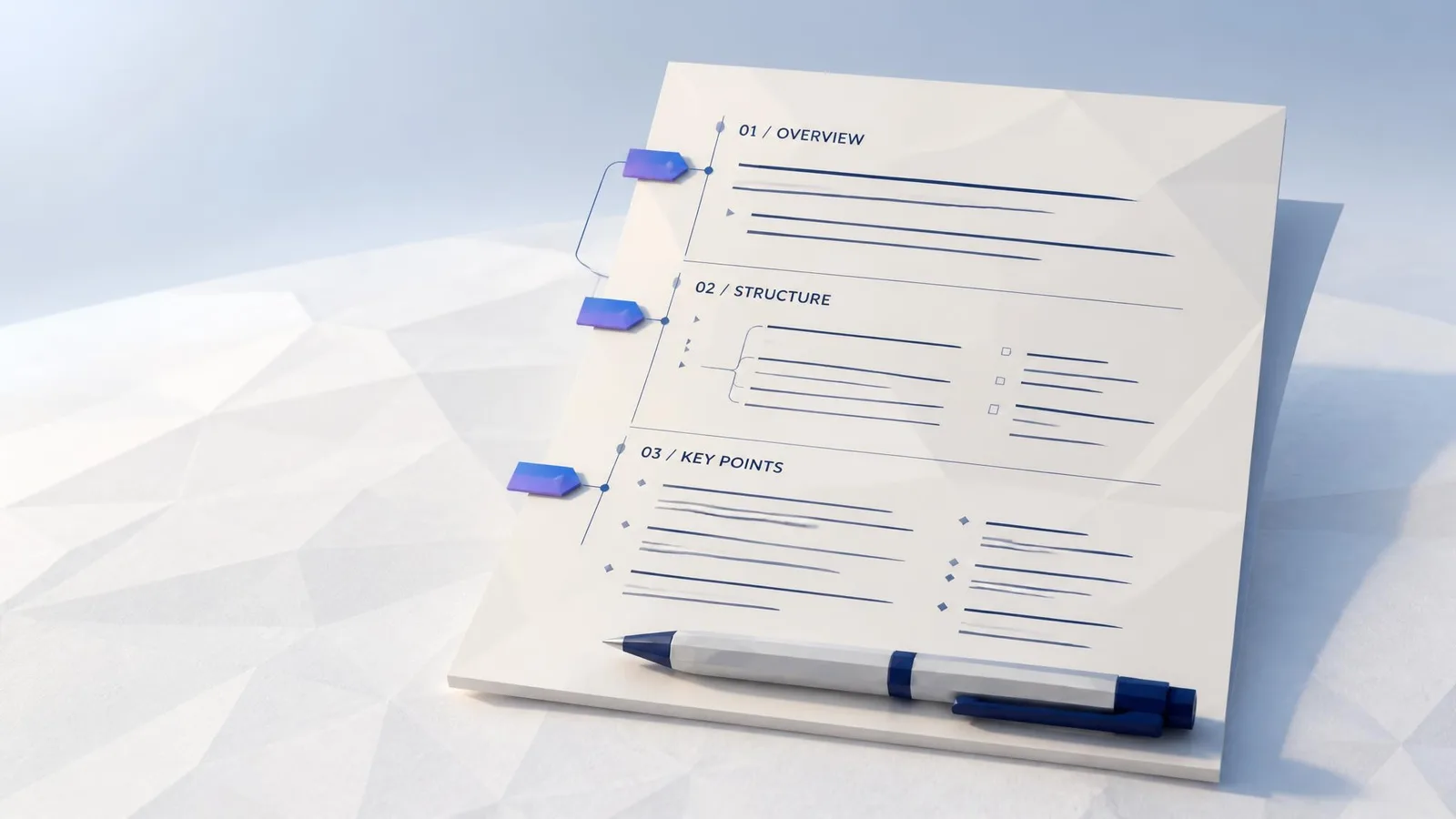 A cream sheet of paper covered in handwritten paragraphs divided by pencil lines into clearly labelled sections, with a fine-tipped pen resting across the bottom -- representing the practice of giving each paragraph a single focused job.