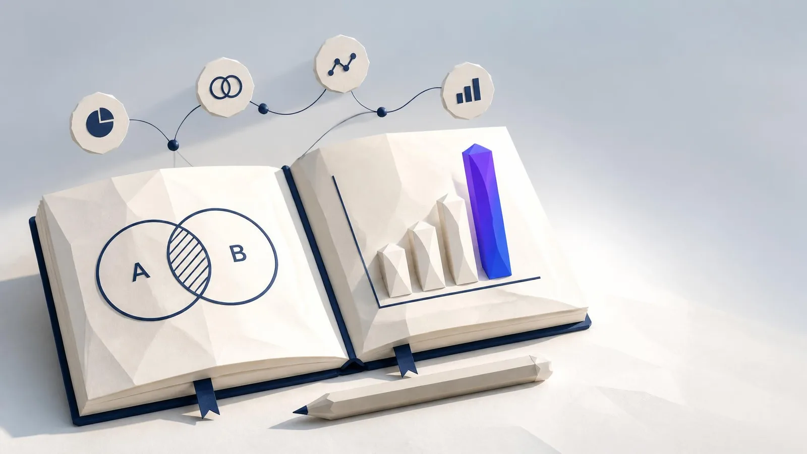 Two open notebooks side by side on a white surface, one with a hand-drawn Venn diagram in charcoal, the other with a bar chart sketch with a single amber-gold highlighted bar, illustrating the distinction between topical authority and domain authority.