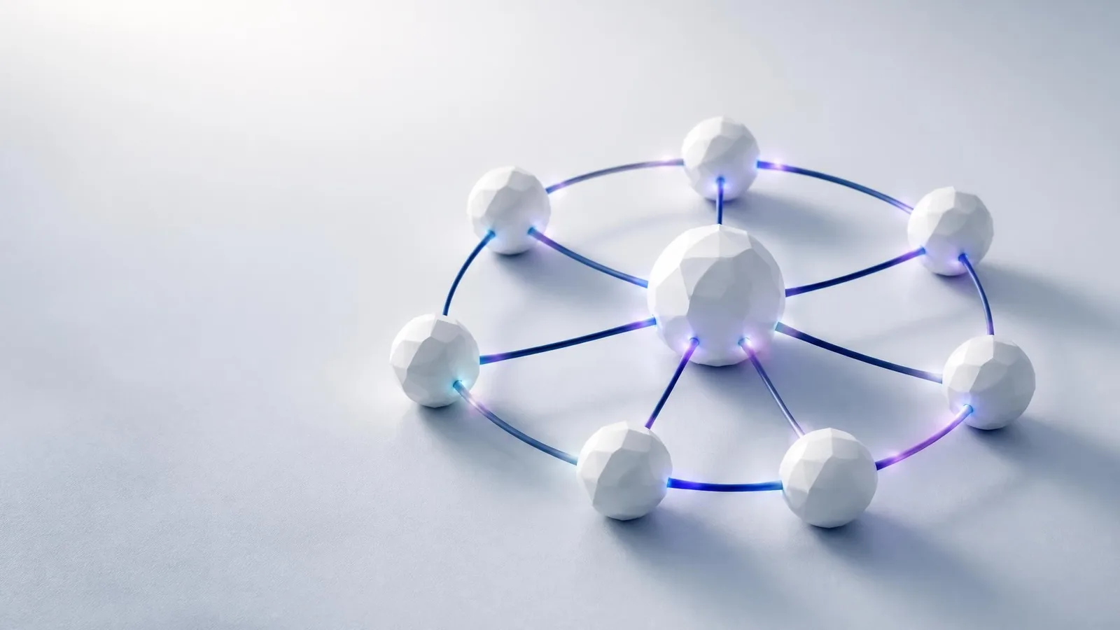 Hand-drawn network cluster diagram in fine charcoal linework on cream paper, a central node connected to surrounding satellite nodes with amber-gold accent dots at connection points, representing how a topical content cluster links together to signal authority to search and AI systems.