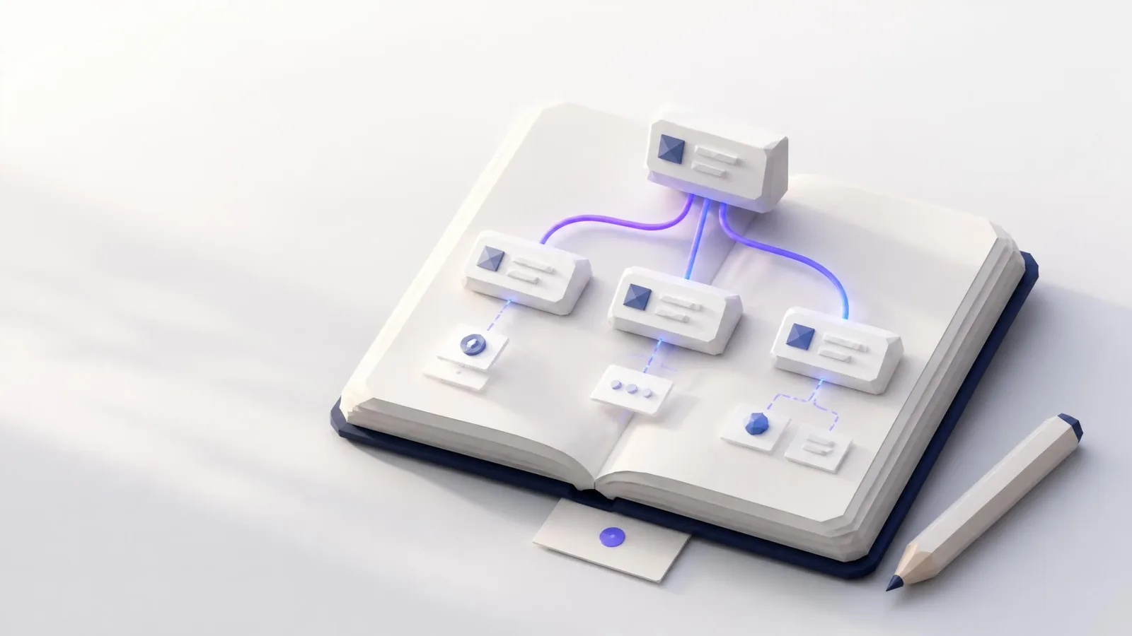 Open notebook on a white surface showing a hand-drawn hierarchical wireframe sketch with charcoal arrows connecting rectangular boxes in a hub-and-spoke pattern, representing how internal linking connects content cluster articles back to a central pillar page.