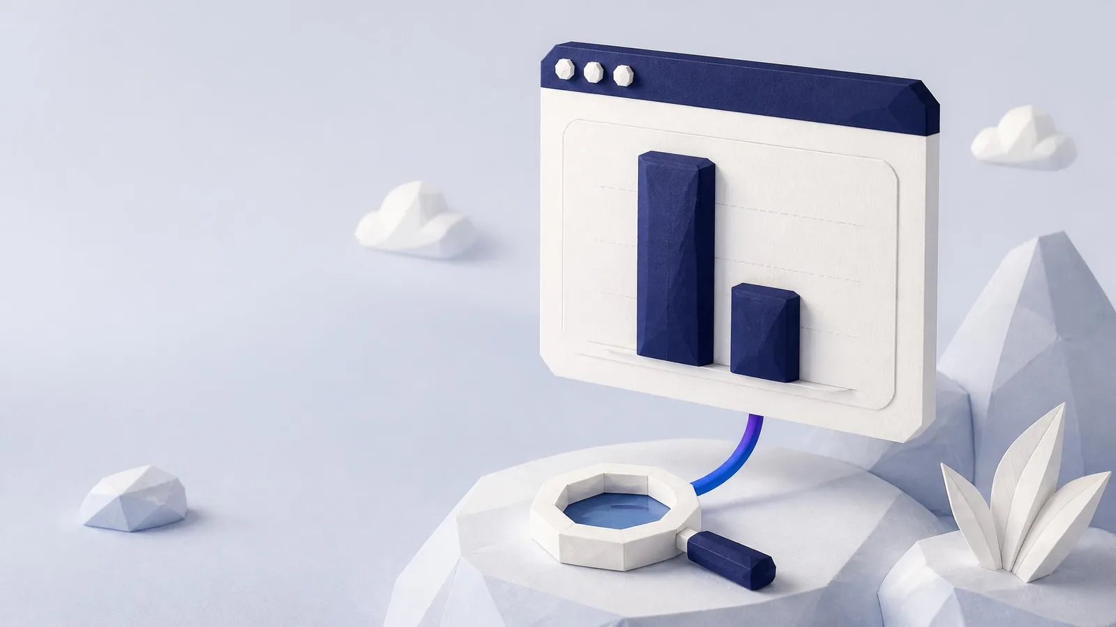 3D illustrated miniature analytics dashboard showing a tall impressions bar and a short clicks bar side by side inside a floating browser window card, connected by a curved indigo line to a magnifying-glass object, rendered in crisp white and navy against a soft blue-grey background.