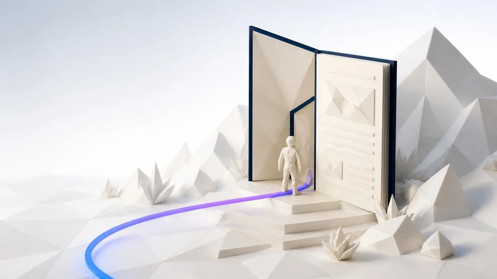 3D illustrated diorama of a small faceted geometric figure standing at the entrance of a blog post document card, with a curved violet-to-blue arc line sweeping back out of the page to suggest a reader leaving without engaging, rendered in white and navy against a soft pale background.