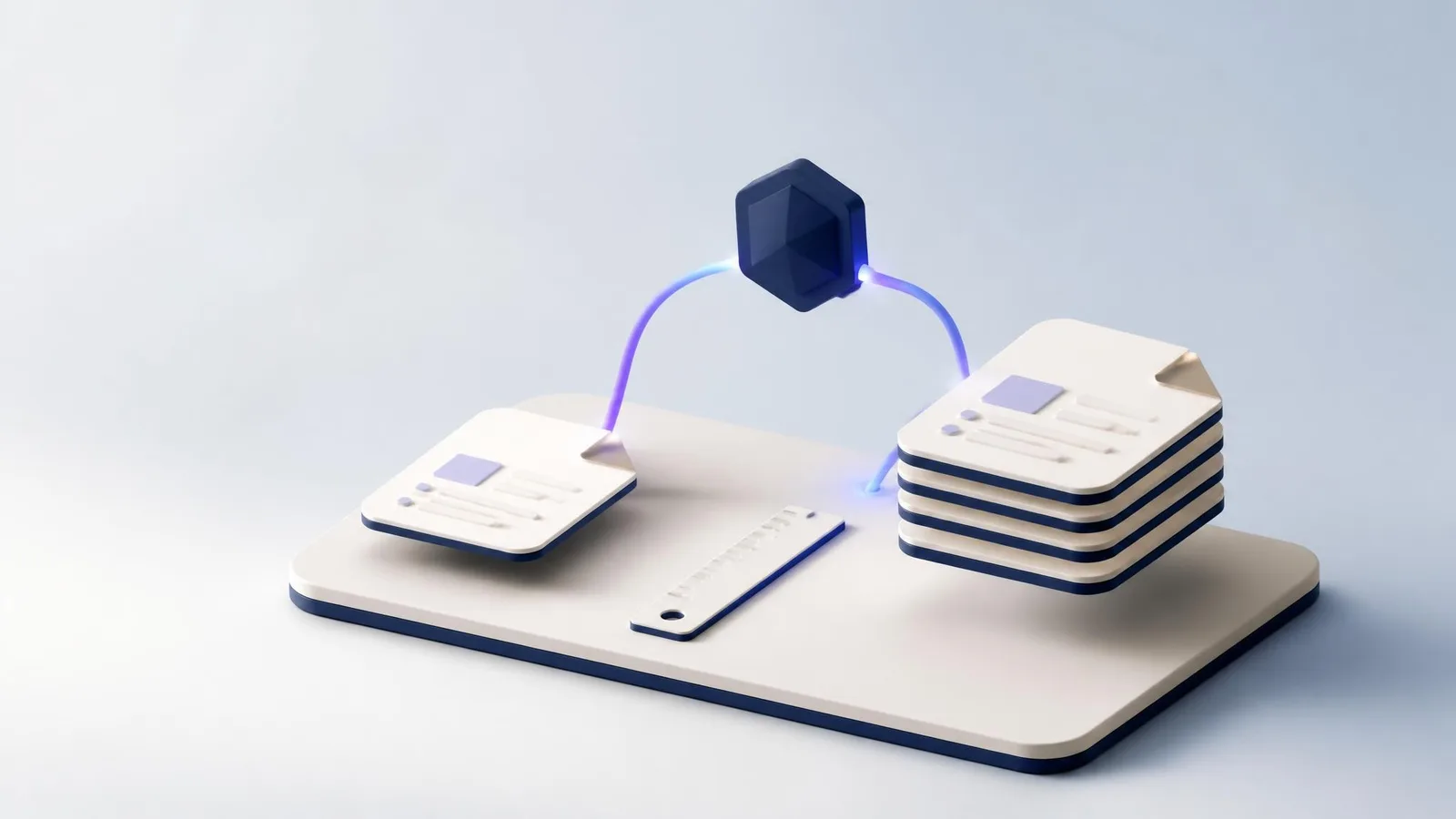 3D illustrated miniature workspace diorama showing two stacks of document cards of different heights representing quick fixes versus full rewrites, connected by curved violet gradient lines to a central faceted hexagon badge, rendered in white and navy on a soft pale blue-grey background.