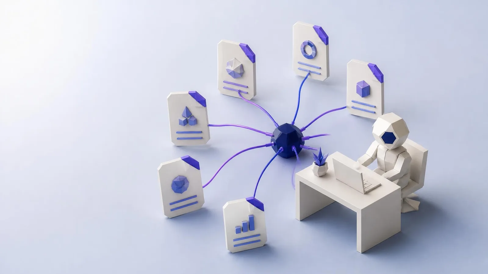 3D illustrated miniature scene of a geometric robot figure at a white desk surrounded by seven floating document cards connected by indigo lines, representing the seven content tasks that can be delegated to AI.
