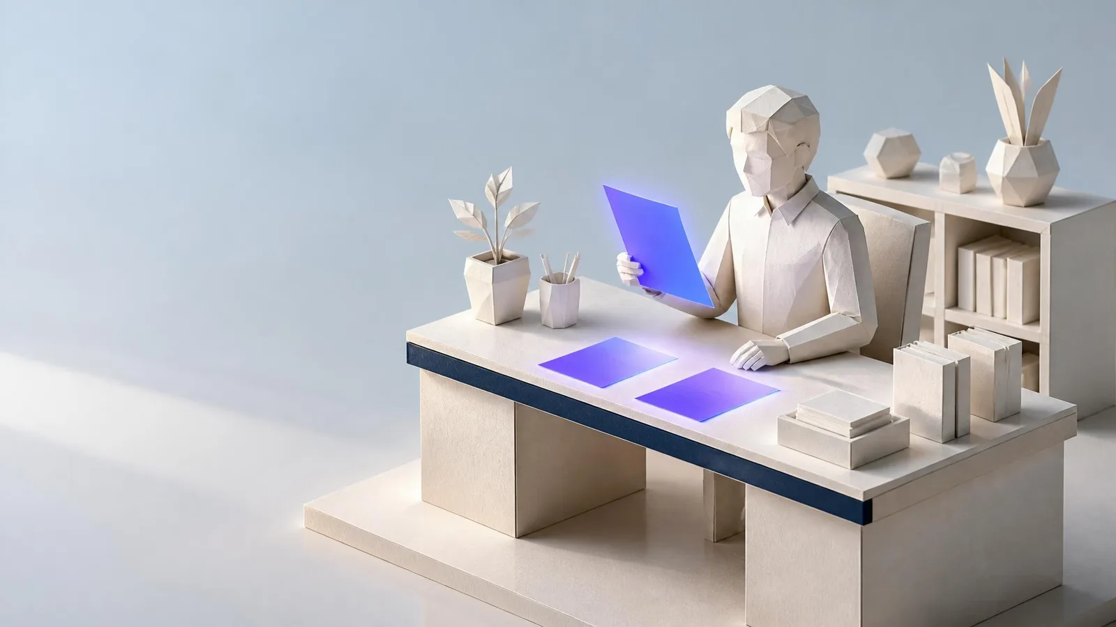 3D illustrated miniature of a geometric human figure at a cream desk examining three glowing indigo document cards, representing the three content tasks that require human editorial judgment and fact-checking.