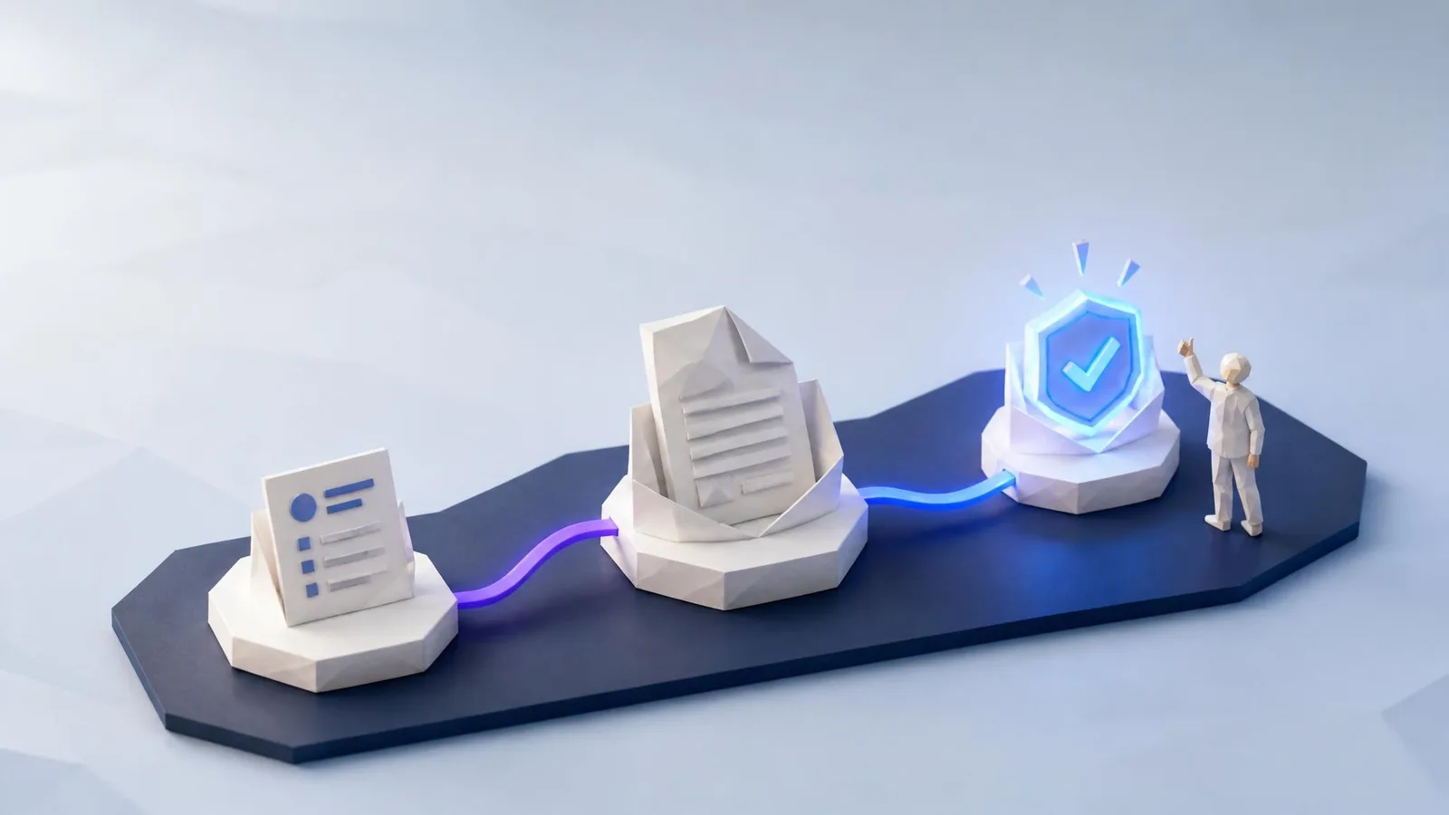 3D illustrated top-down diorama of a content workflow pipeline with a brief card, draft station, and human-approved badge connected by glowing indigo flow lines, representing the practical AI-plus-human publishing process.