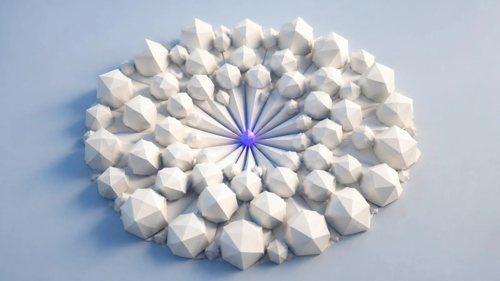 3D illustrated top-down diorama of identical geometric figures all converging toward a central point, representing how AI models default to the statistical average of their training data.