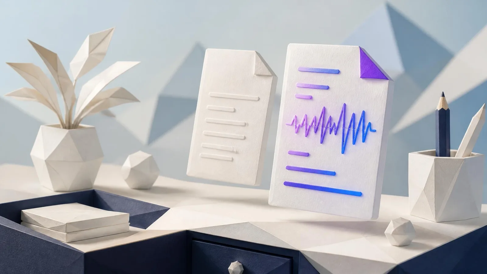 3D illustrated diorama comparing two floating document cards side by side, one plain and featureless, one marked with a vivid voice-pattern waveform, illustrating the difference between AI output with and without a brand voice reference.