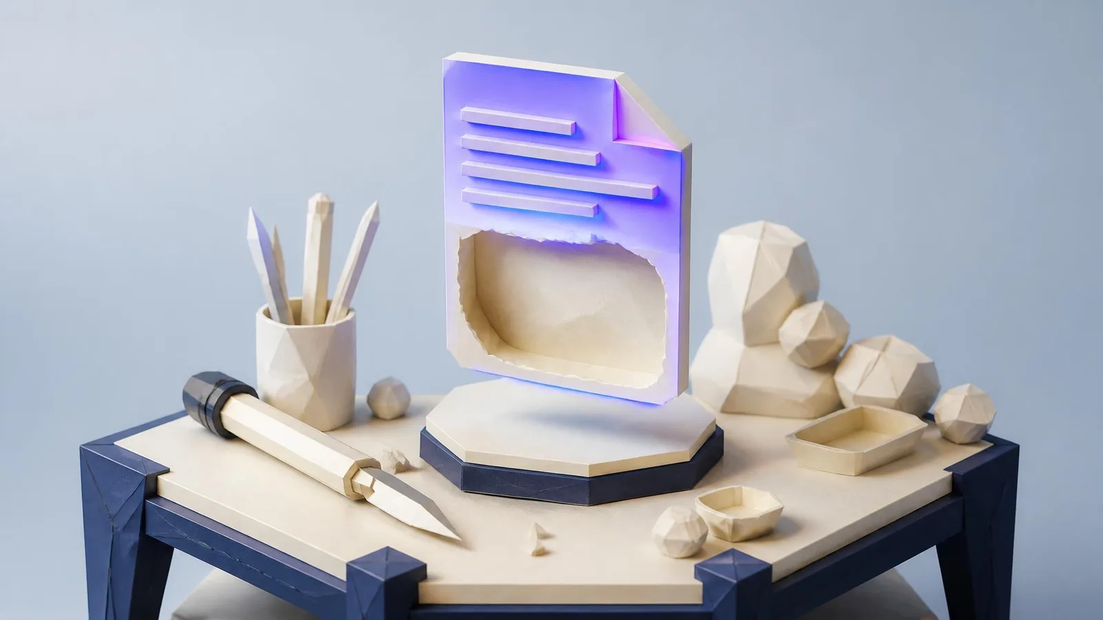 3D illustrated miniature workbench scene showing a finishing tool beside a document card that is polished on top but hollow inside, visualizing the idea that editing cannot supply substance that was never in the original brief.