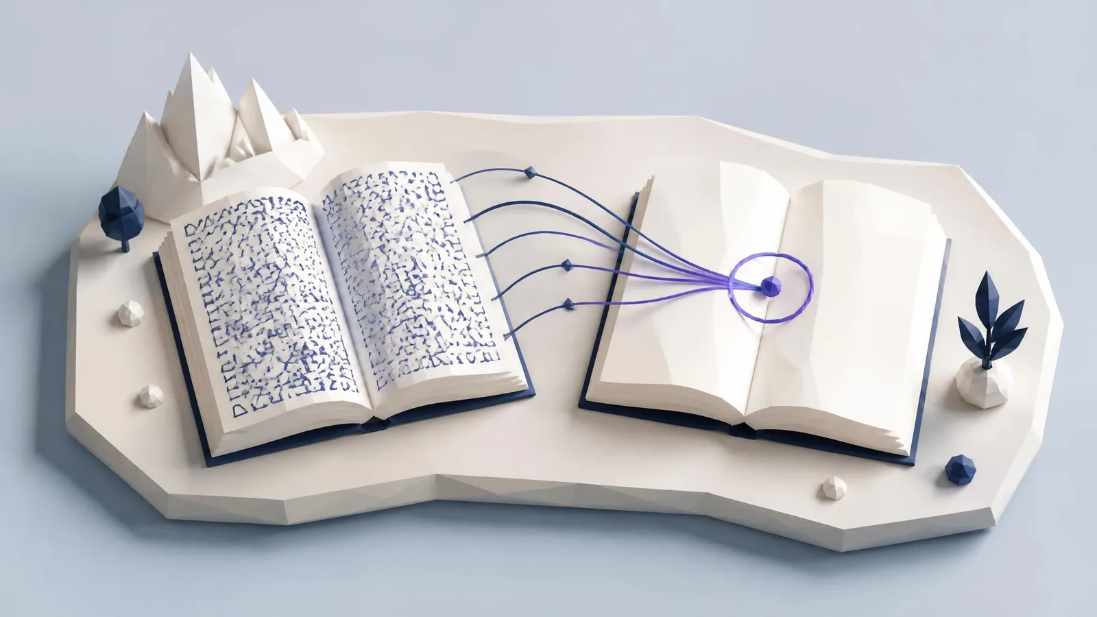 Overhead flat-lay of two open notebooks on a white desk: one covered in dense similar notes, the other with a single circled key point highlighted in ochre