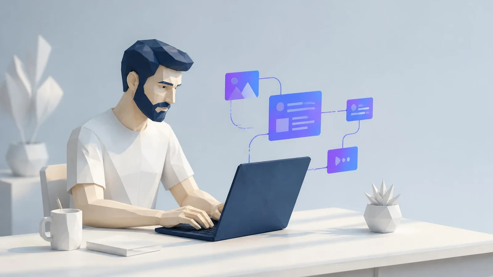 A casually dressed person in their mid-30s seated at a minimal desk, leaning toward an open laptop with a focused and relaxed expression, warm natural light from a nearby window