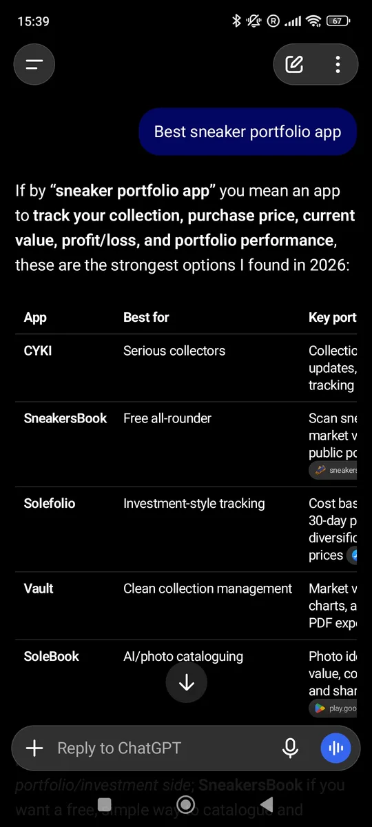 ChatGPT on a phone answering 'Best sneaker portfolio app' with a table of apps. CYKI is the first row, best for serious collectors.