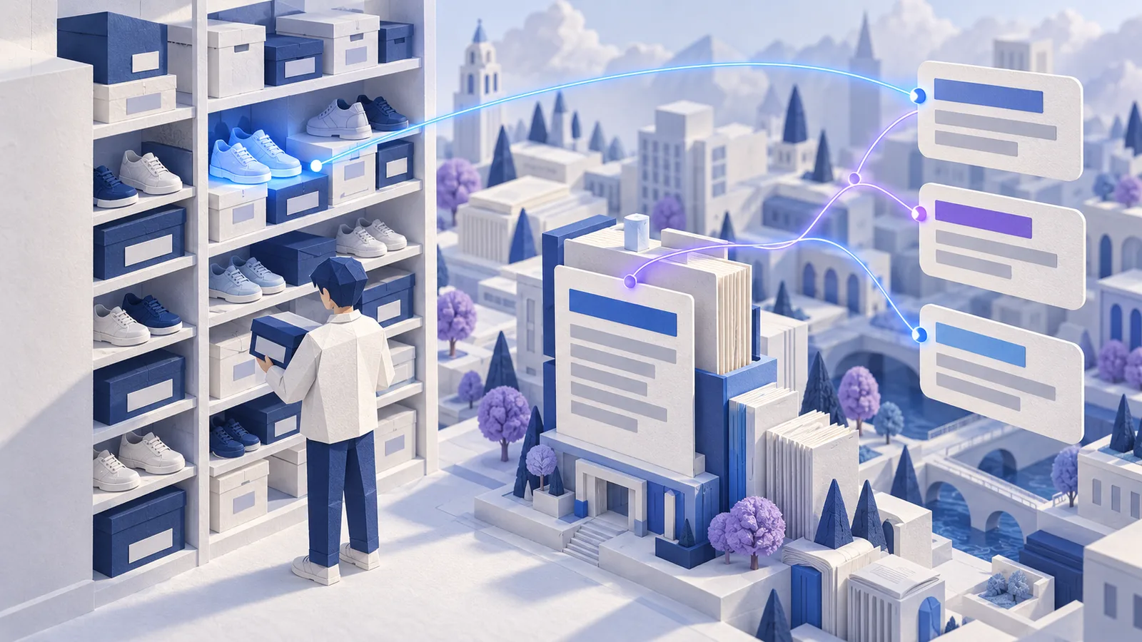 Paper-craft city. A collector checks a sneaker box beside a wall of sneakers where one pair glows blue. A thread runs from an article on a paper building to three answer cards, and from the top card back to the glowing pair.