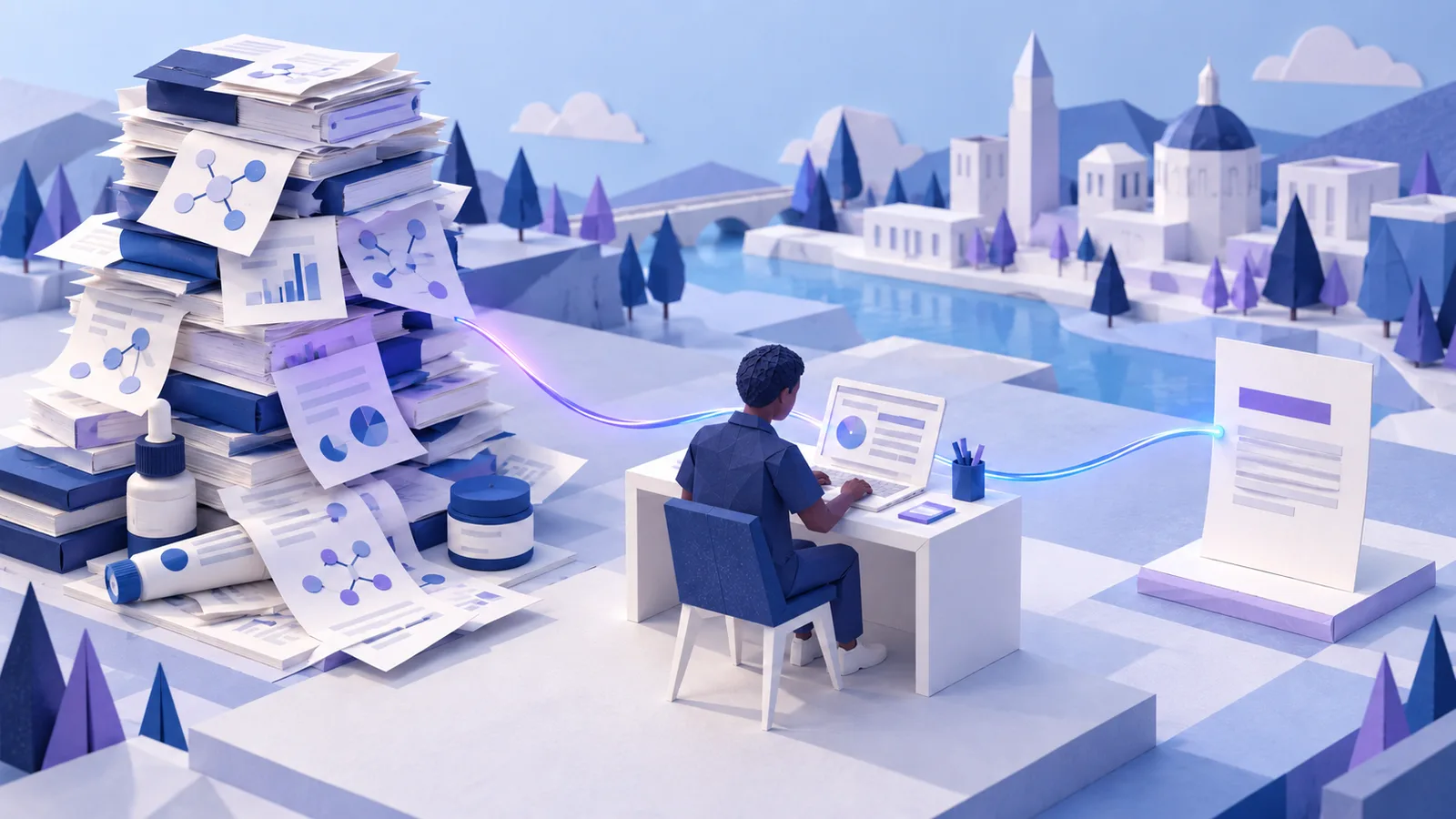 Paper-craft city. A writer at a desk sits between a tall stack of research papers and skincare products and one clean, simple page, joined by a glowing thread.