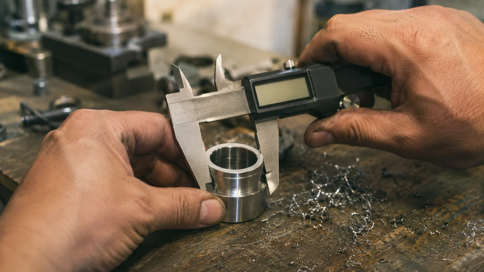 Hands measuring a machined metal component with a digital caliper on a workbench, fine metal shavings nearby, representing the precision a technical reader expects from anything you publish.