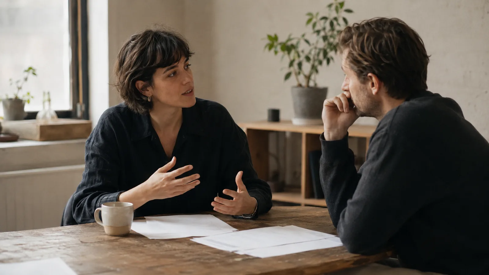 Two people talking across a table with papers between them, one explaining and the other listening, representing the conversation a firm publishes in order to earn.