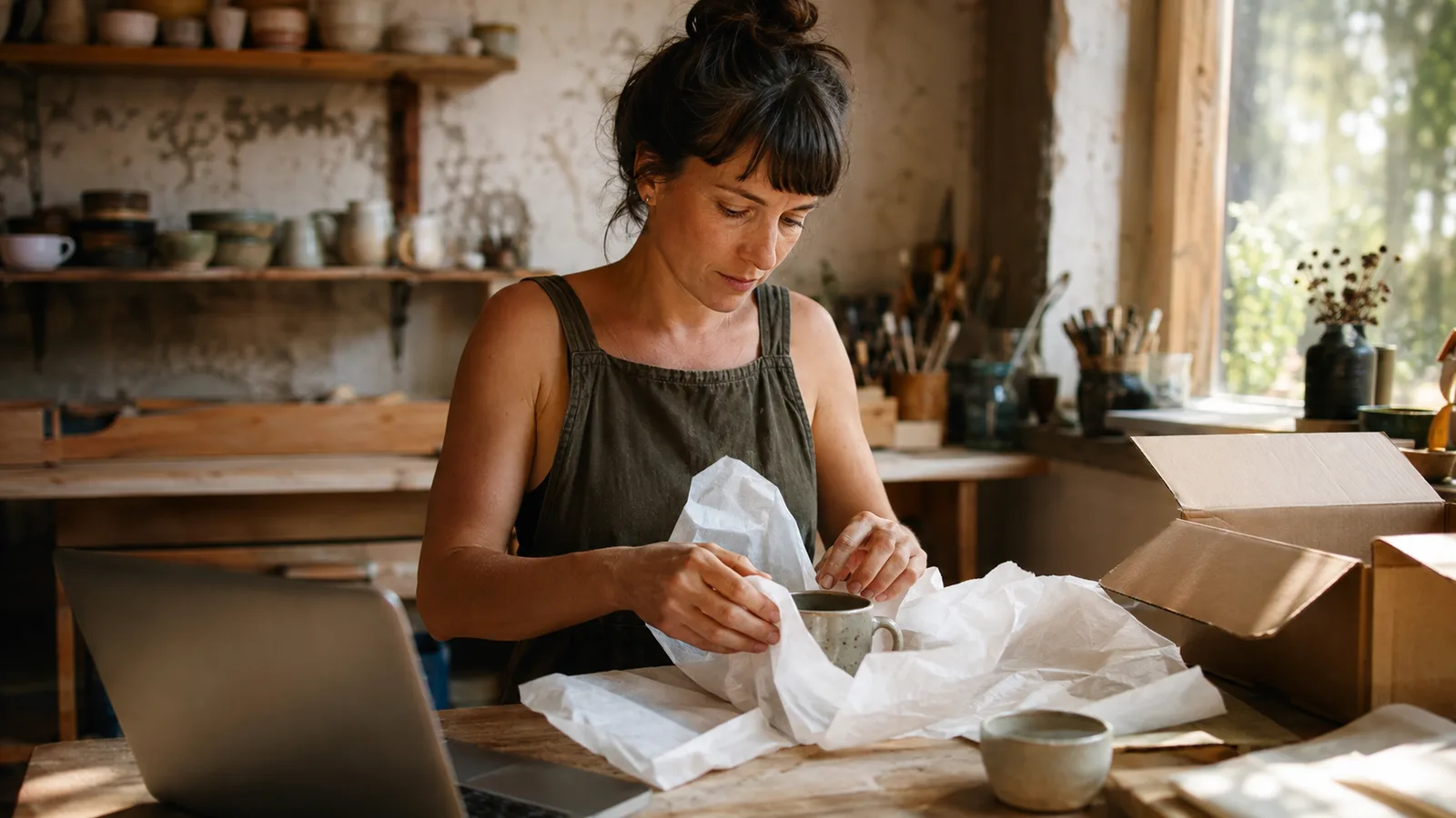 A ceramics maker wrapping a mug in tissue paper at her packing bench, a laptop open beside her, representing a small shop where the product and the person selling it are the same thing.