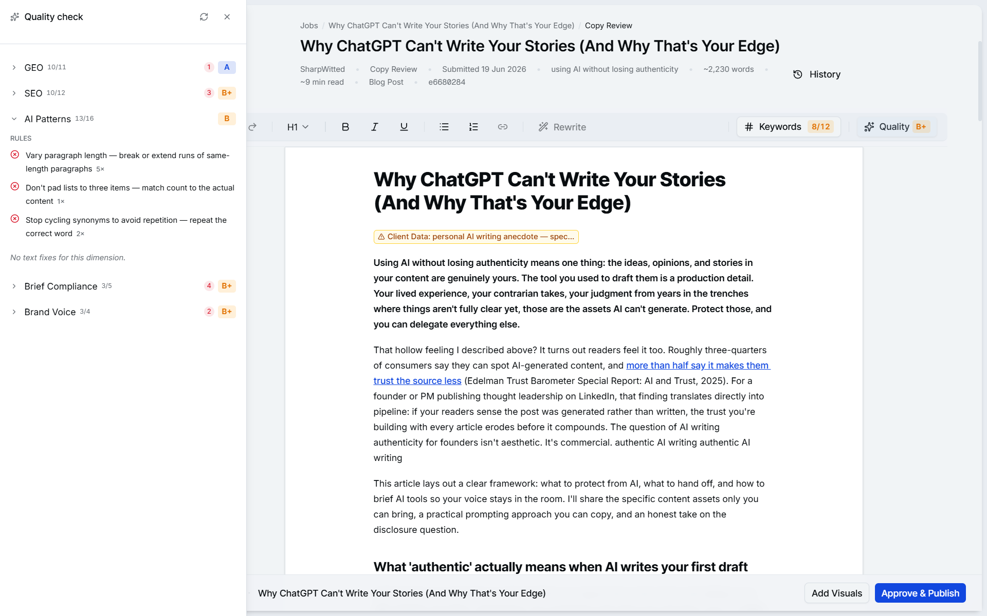 AI patterns check in cpywrk — specific hedging and filler phrases flagged before the draft reaches you