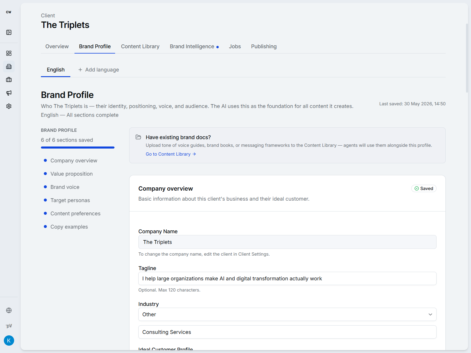Brand Profile in cpywrk — voice, rules, personas, and copy examples, 6 of 6 sections saved