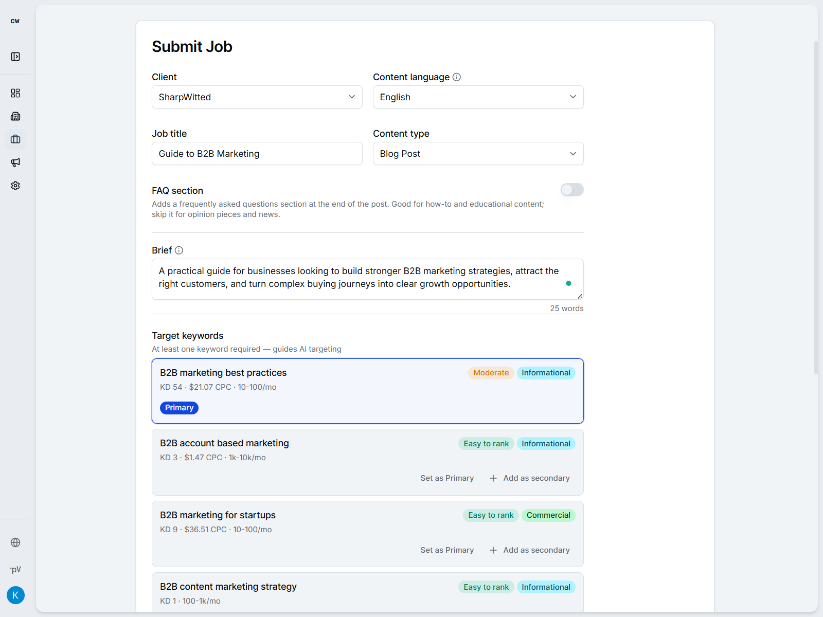 Creating a new job in cpywrk — topic input and brief generation