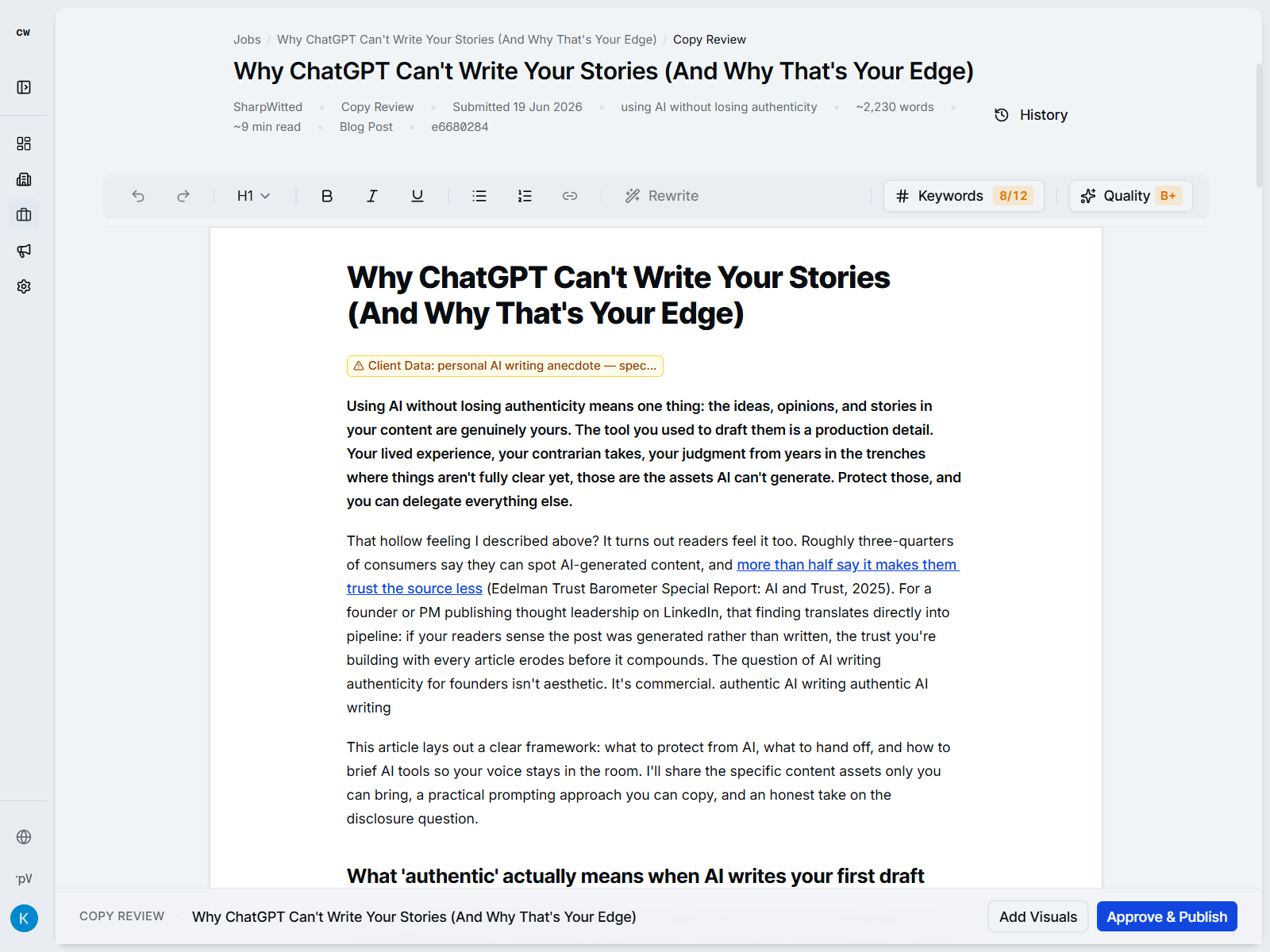 Review canvas in cpywrk — editing and approving the full article draft