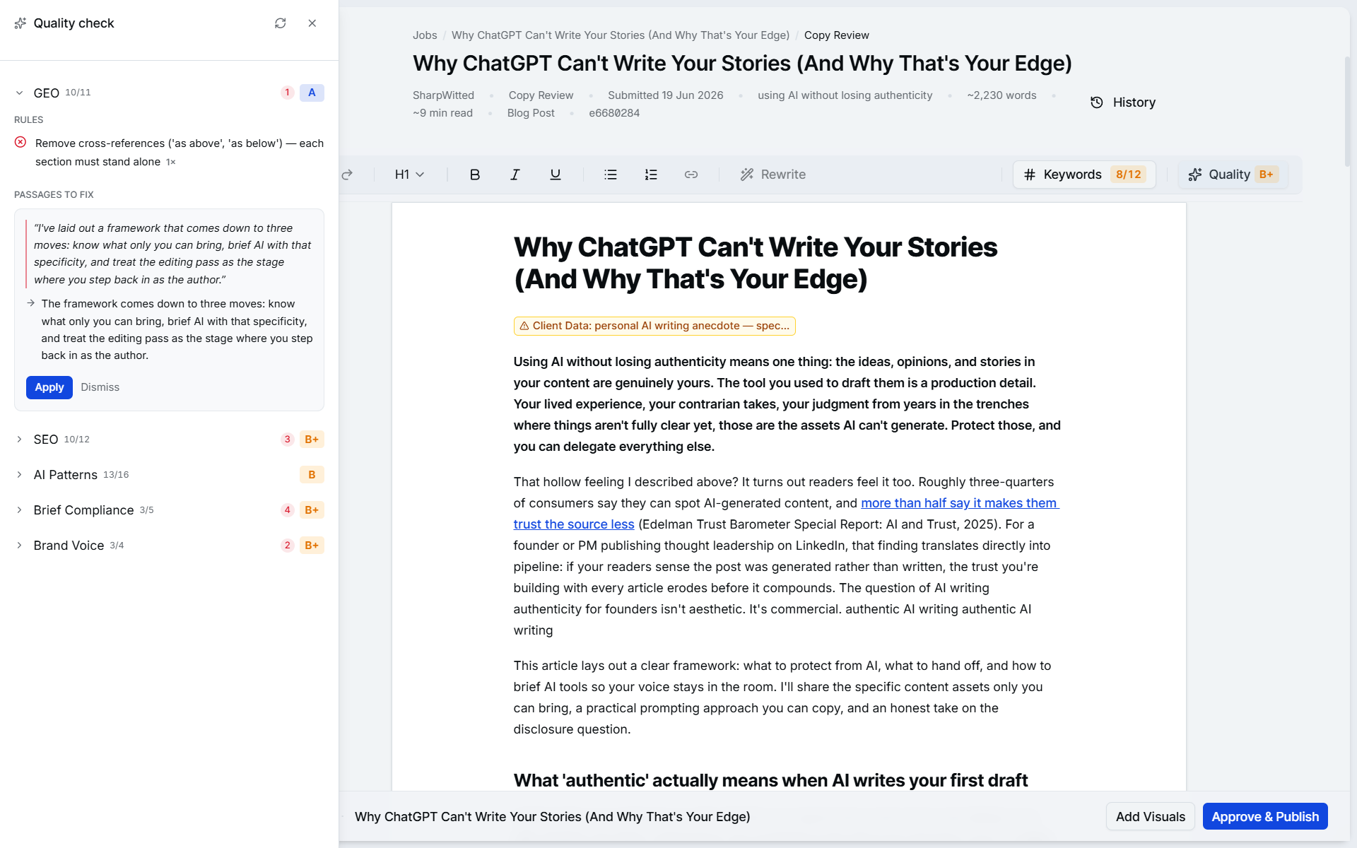 GEO check in cpywrk — structured answer and citation suggestions for AI search visibility