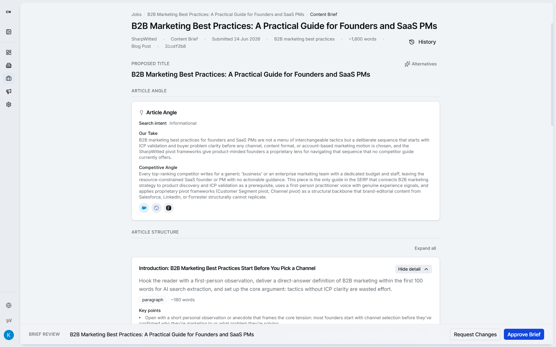 Brief review in cpywrk — structured outline with H2s ready to edit
